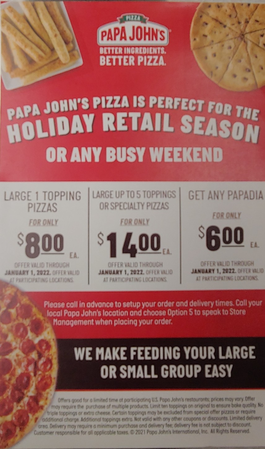 Papa Johns Pizza Menu