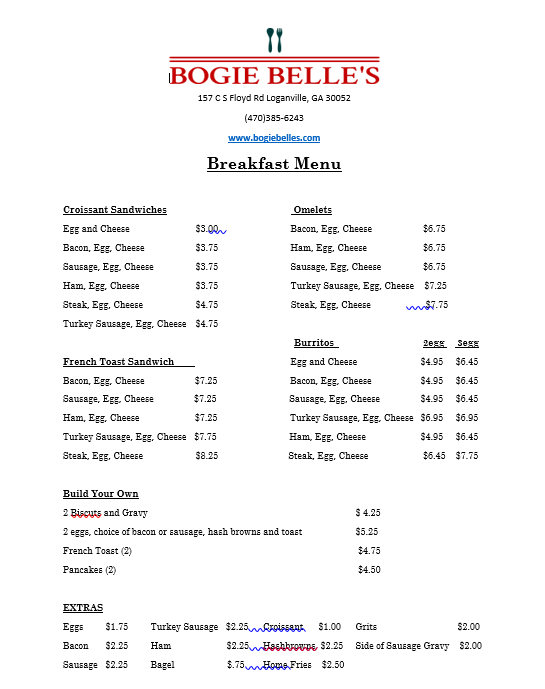 Bogie Belle's Menu