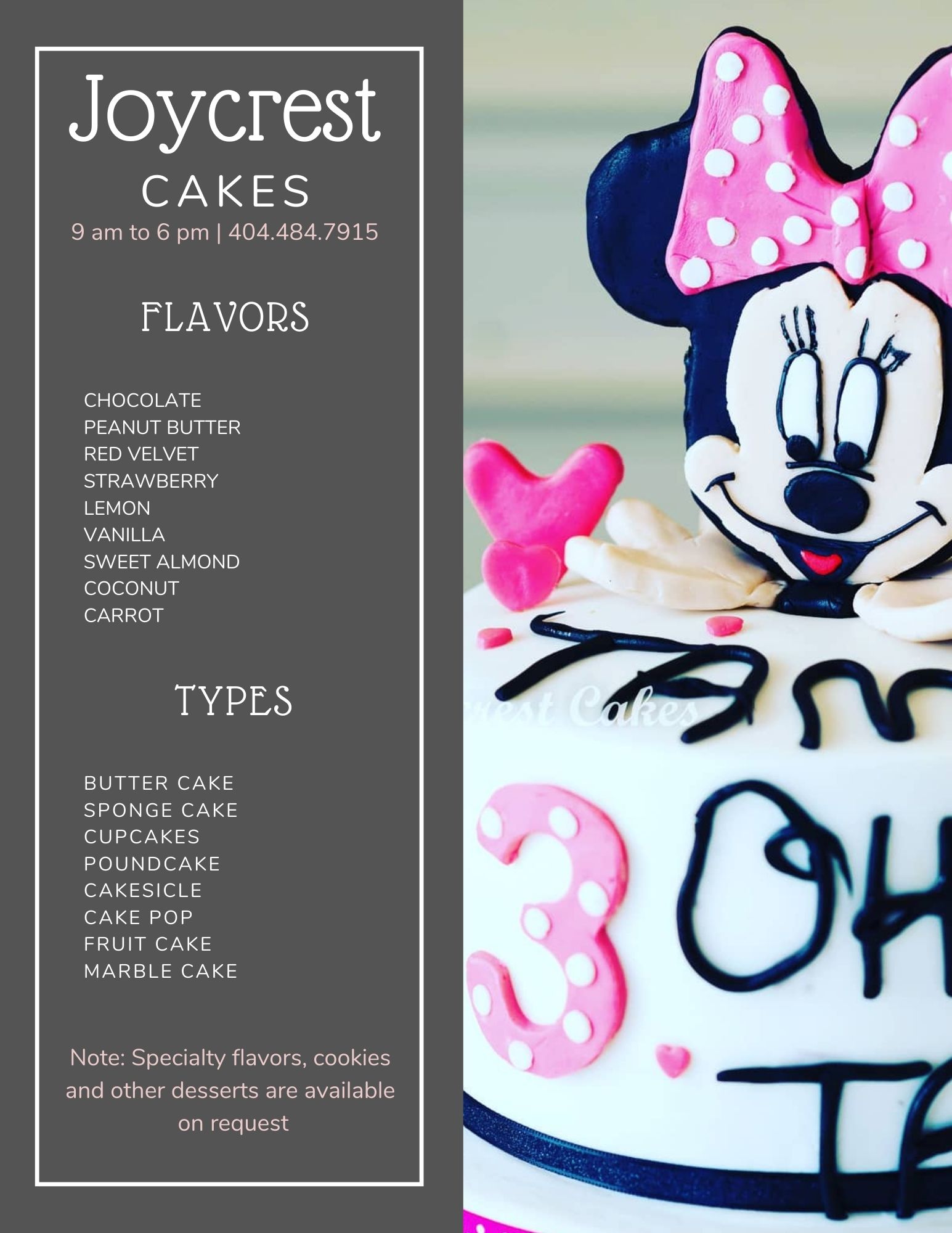 Joycrest Cakes Menu