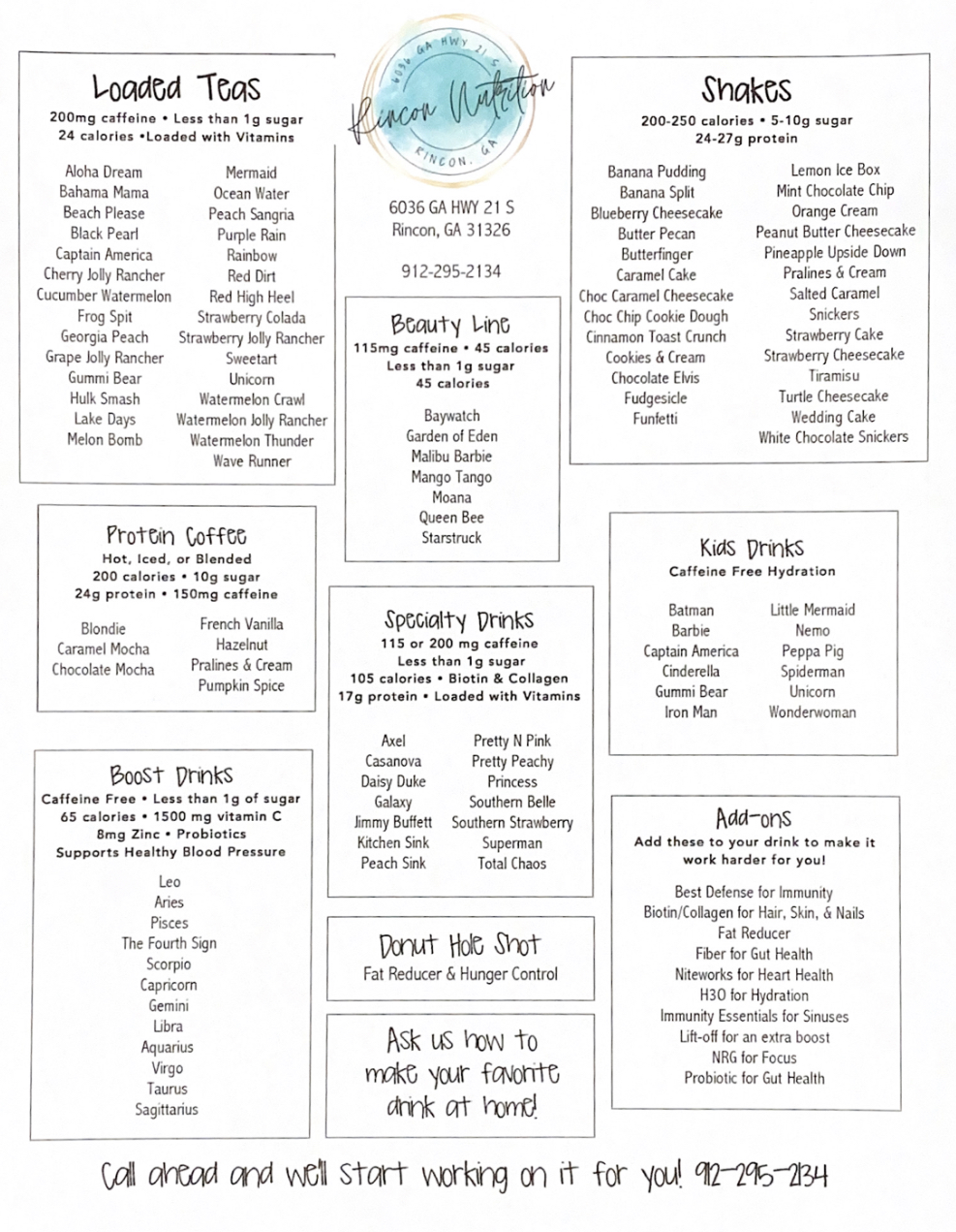 Rincon Nutrition Menu