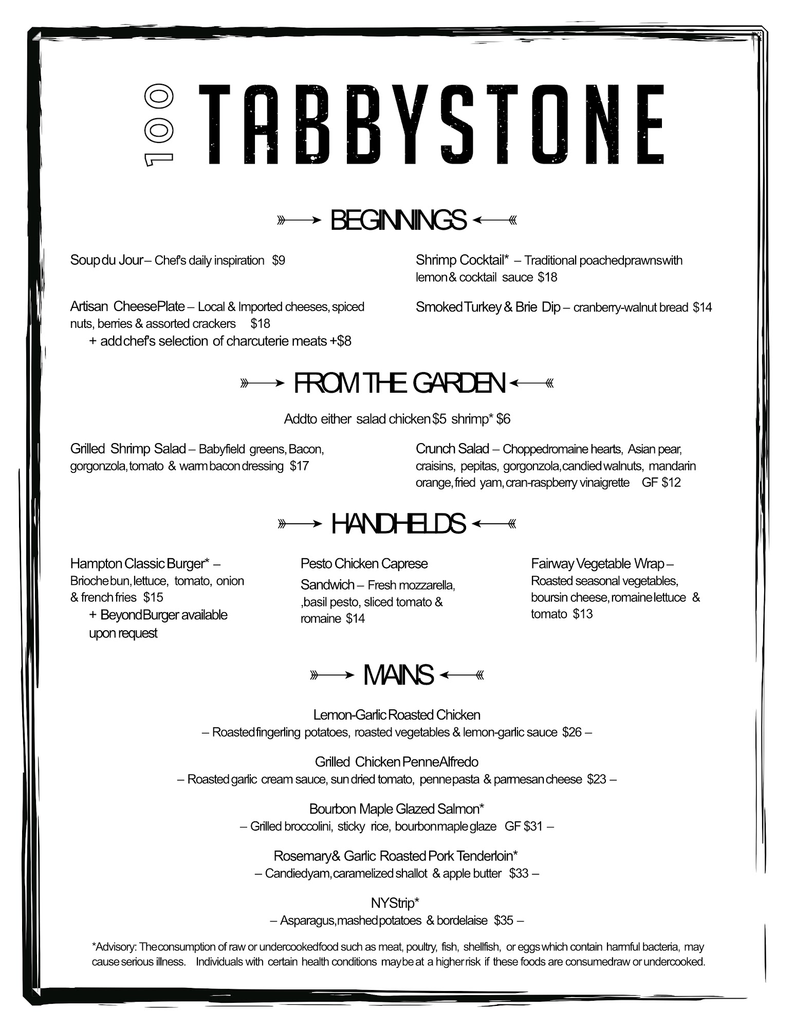 100 Tabbystone Menu