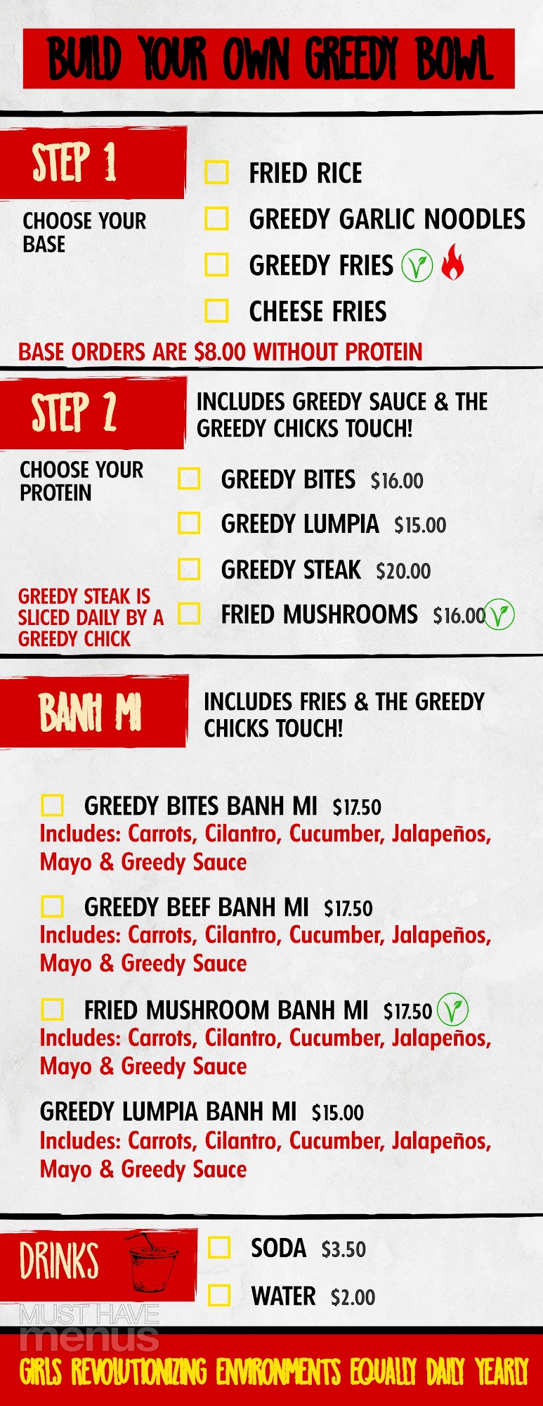 Greedy Chicks Company Menu