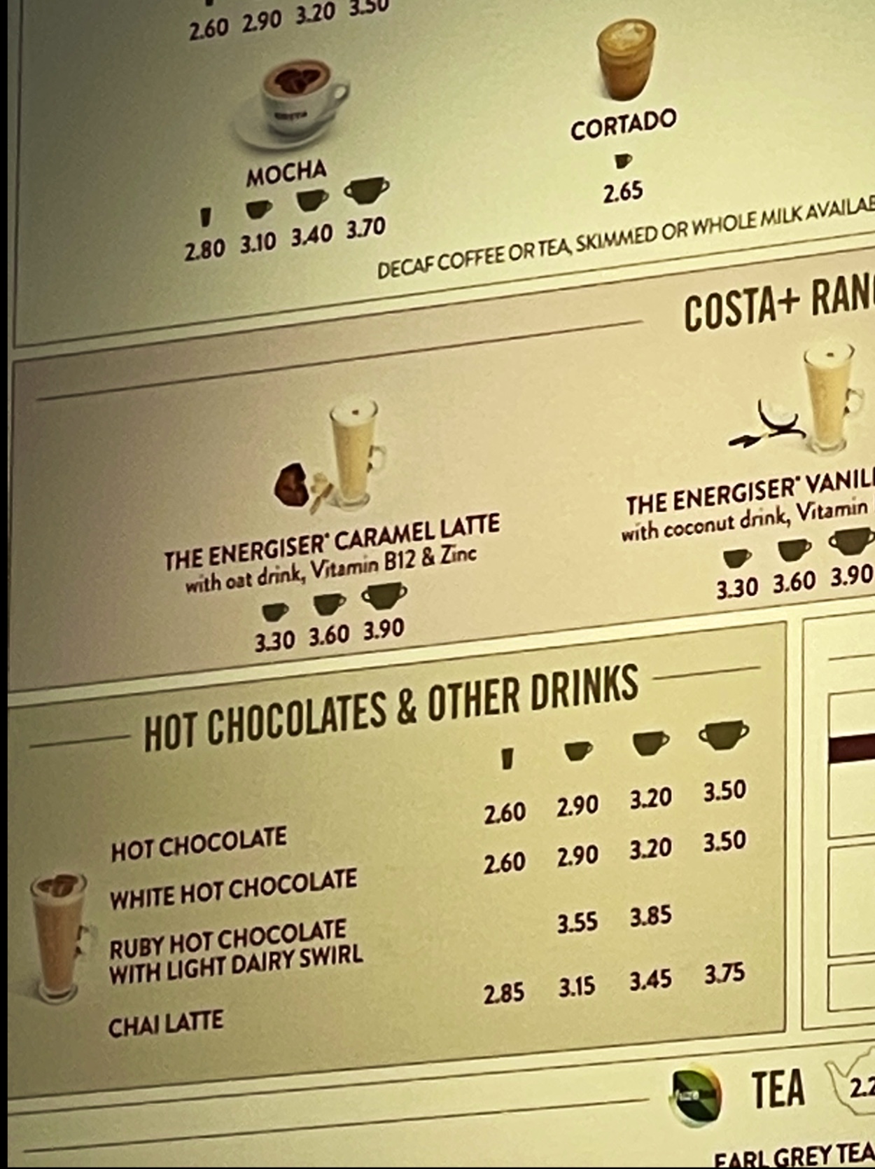 Costa Coffee Menu