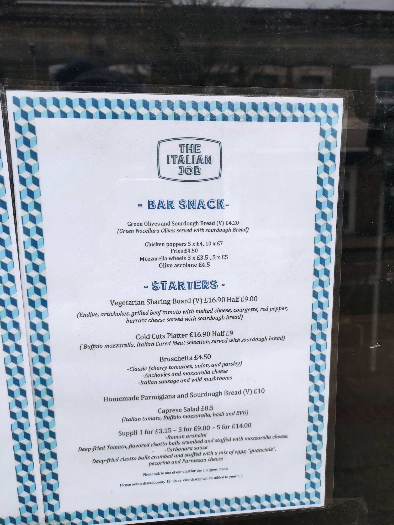 The Italian Job Menu