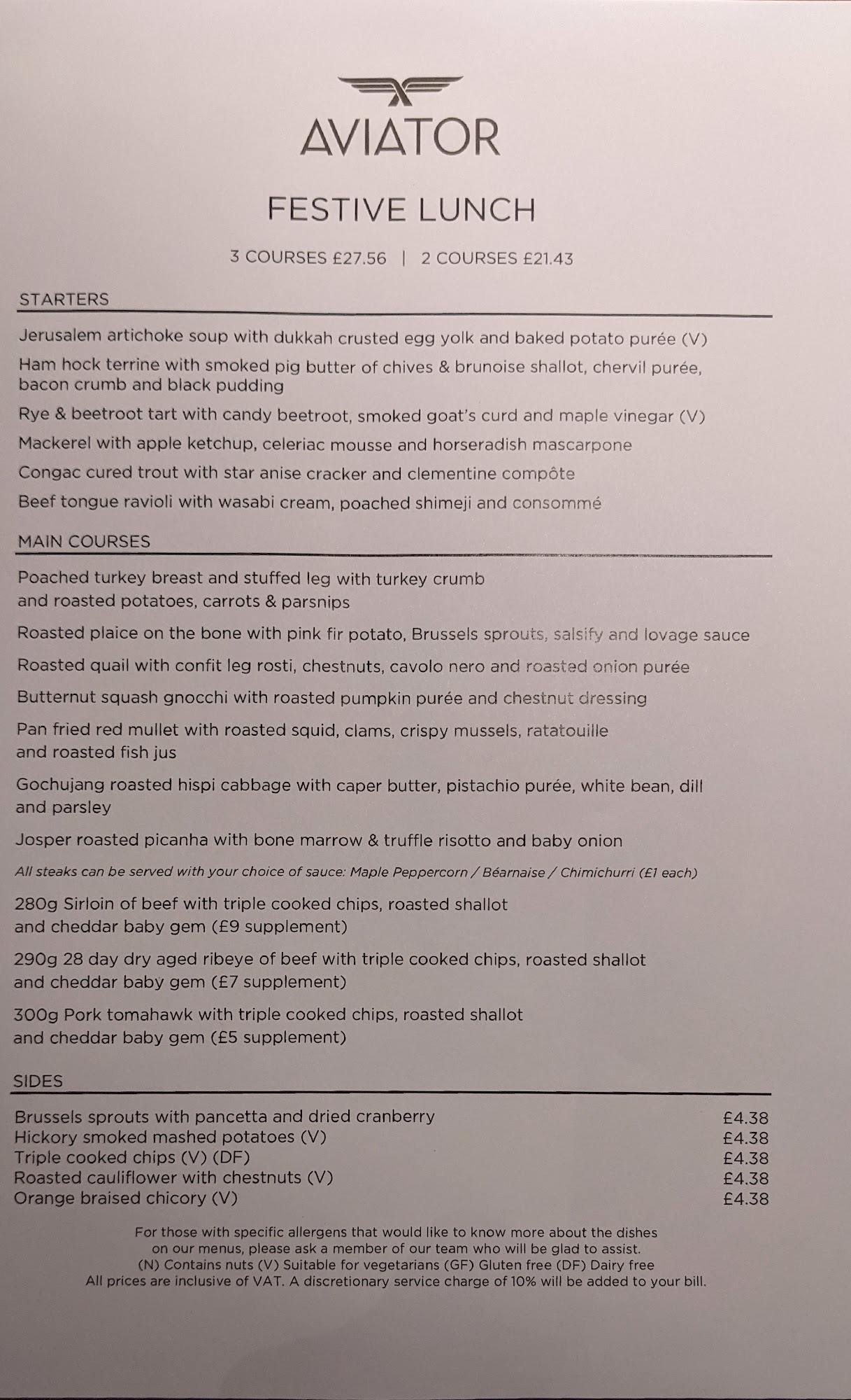 Aviator Brasserie Menu