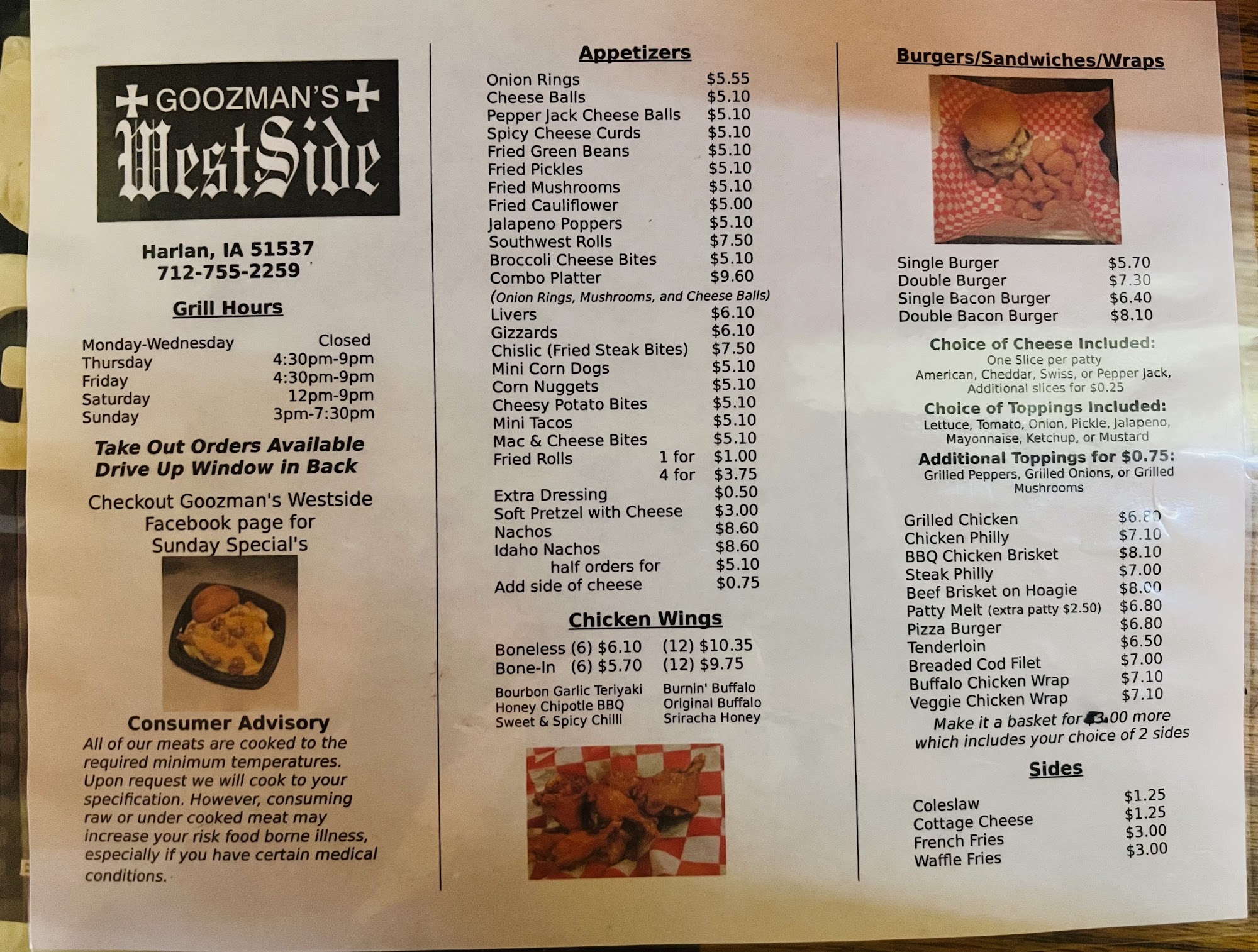 Goozman's Westside Lounge Menu