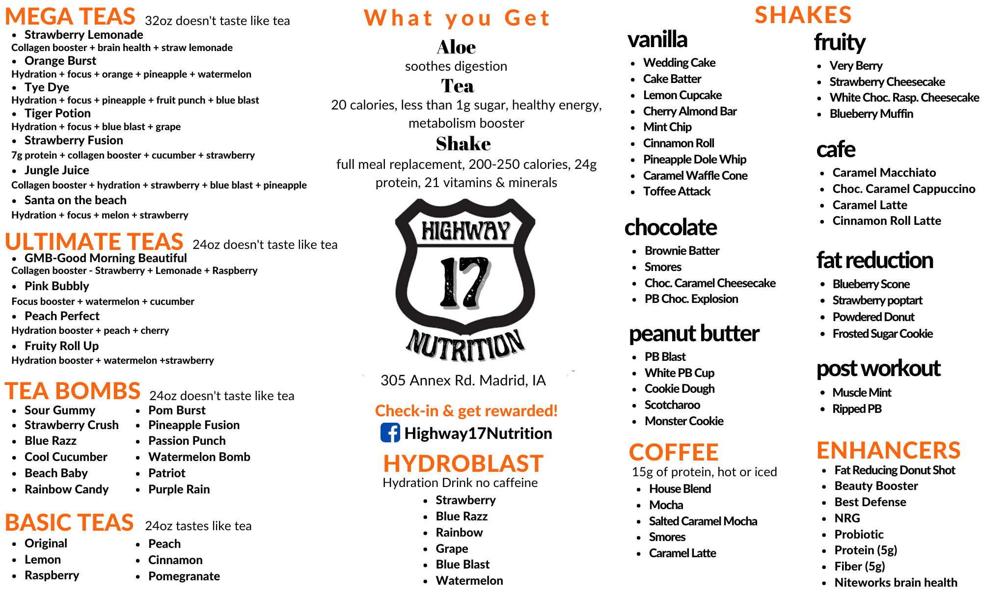 Highway 17 Nutrition Menu