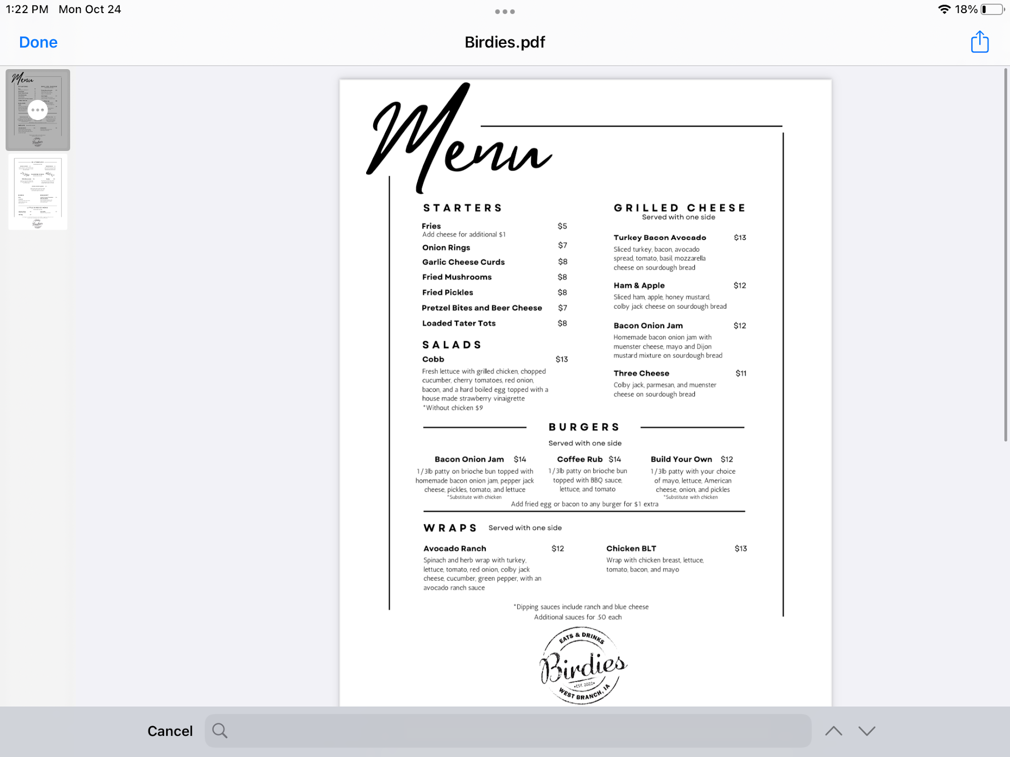 Birdies Eats & Drinks Menu