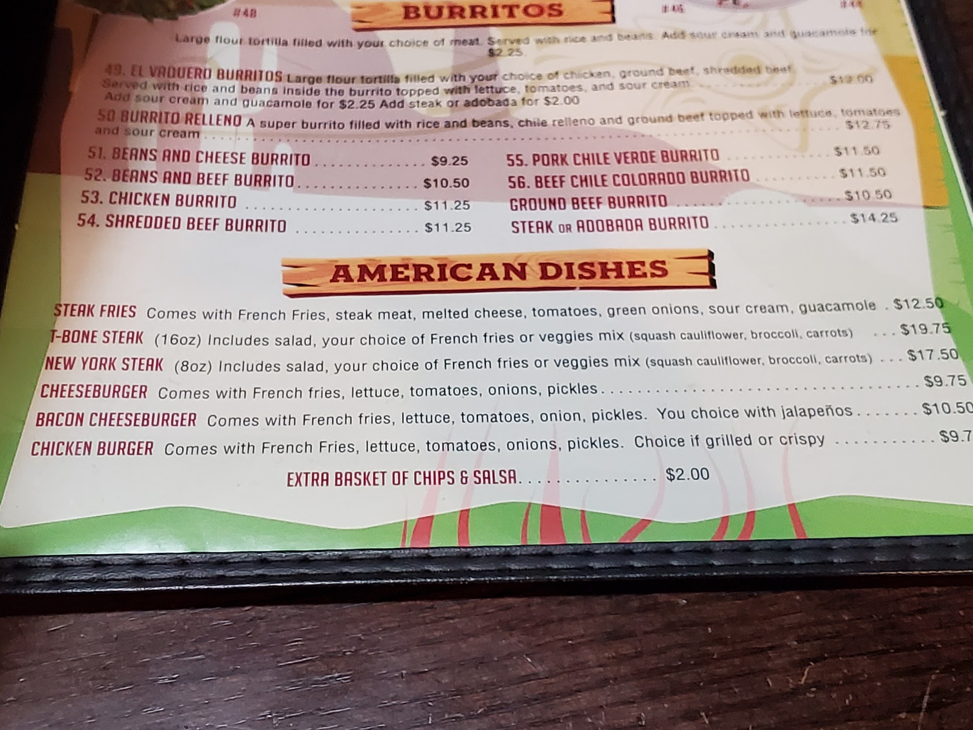 Vaquero Mexican Restaurant Menu