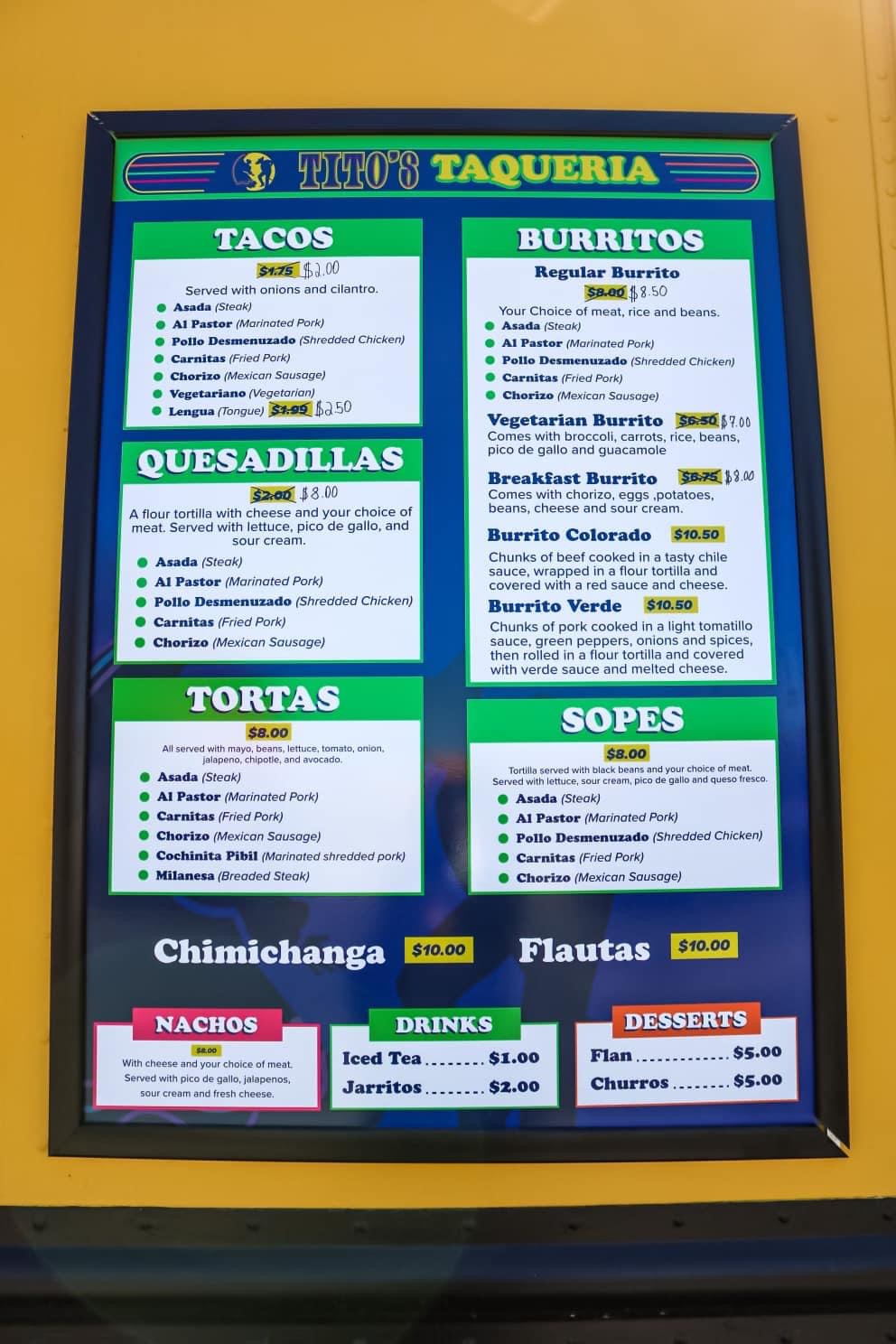 Tito's Taqueria Menu