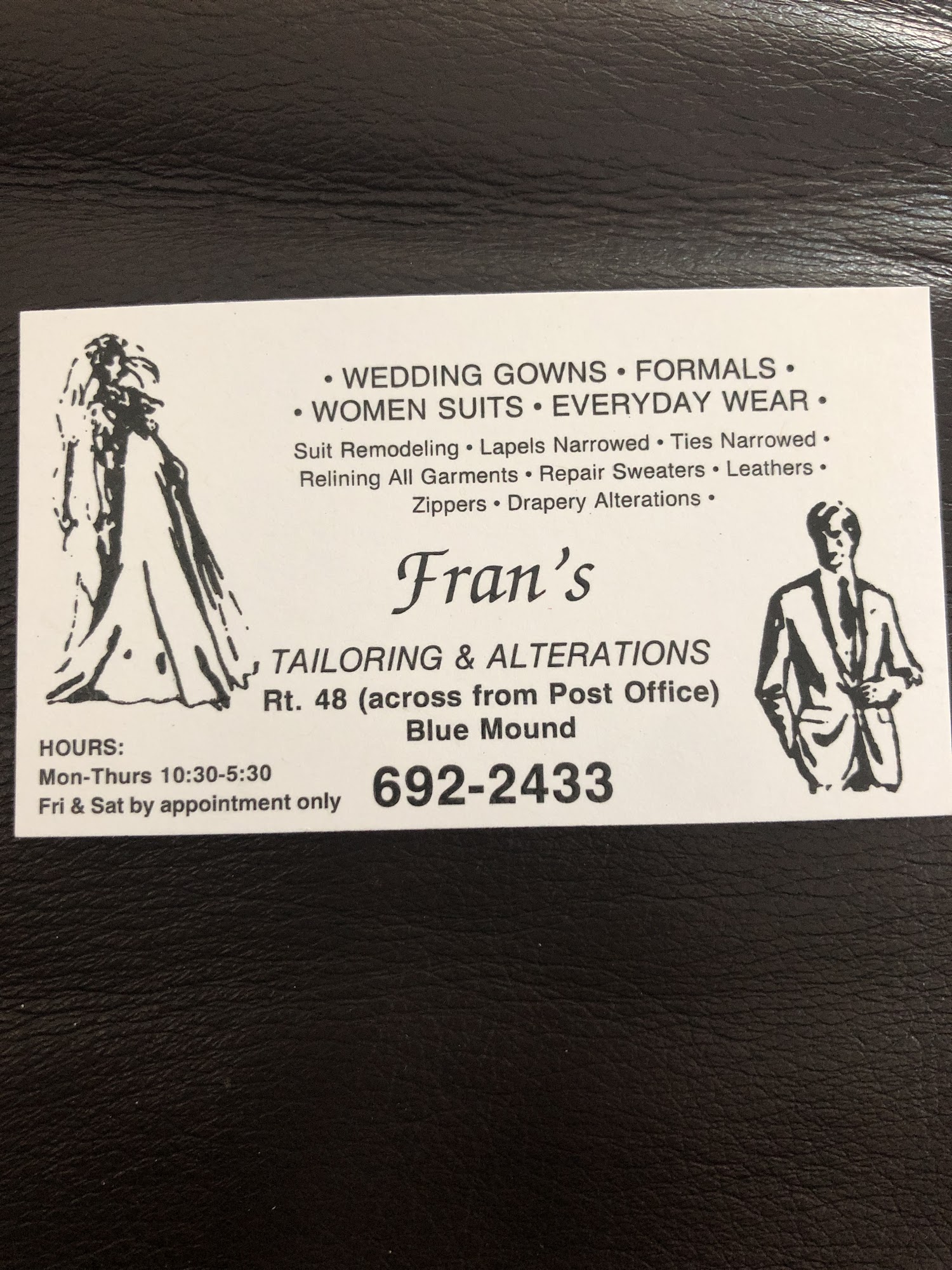 Fran's Tailoring & Alterations 217 Railroad Ave, Blue Mound Illinois 62513