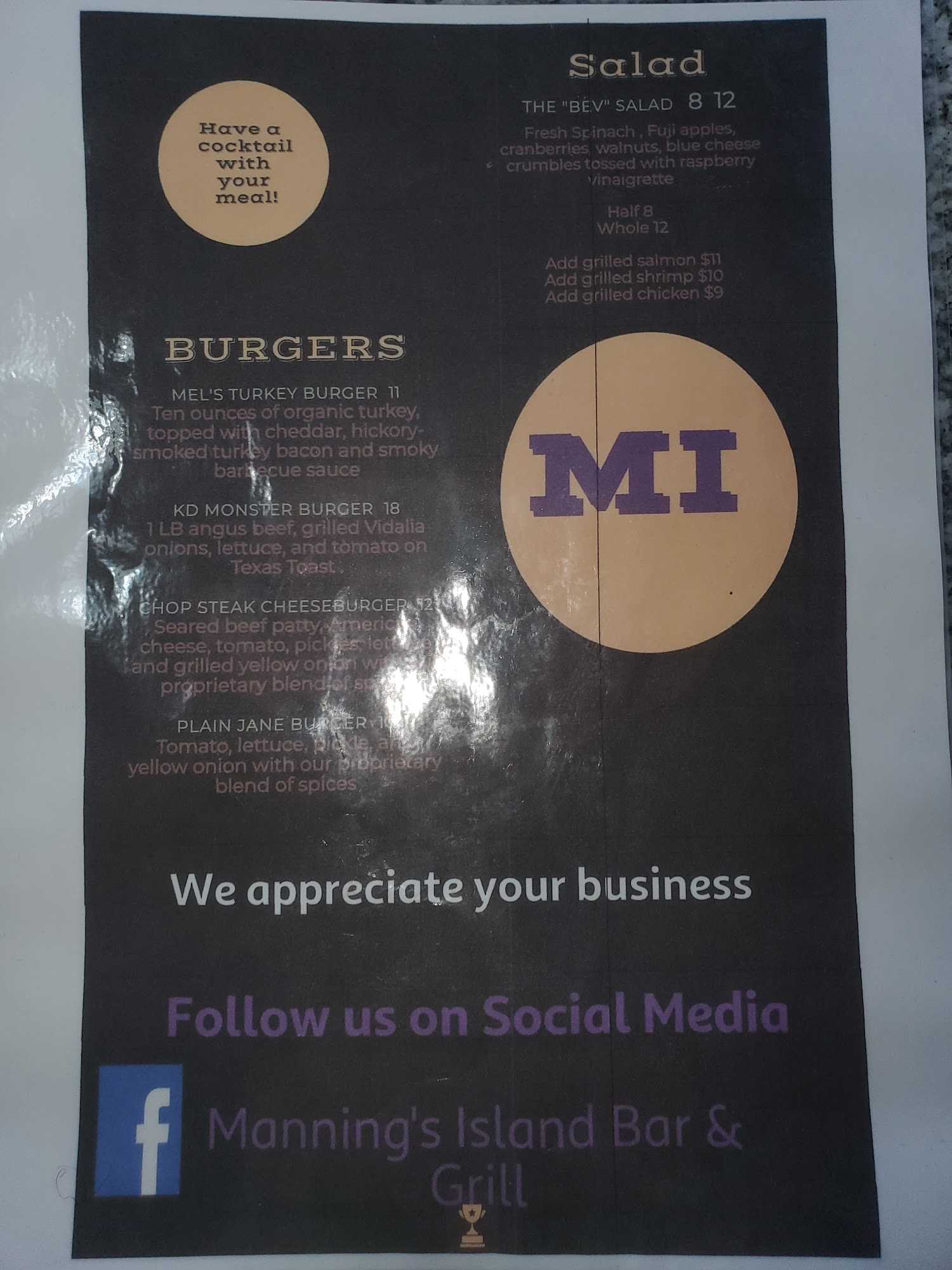 MANNING'S ISLAND BAR & GRILL Menu