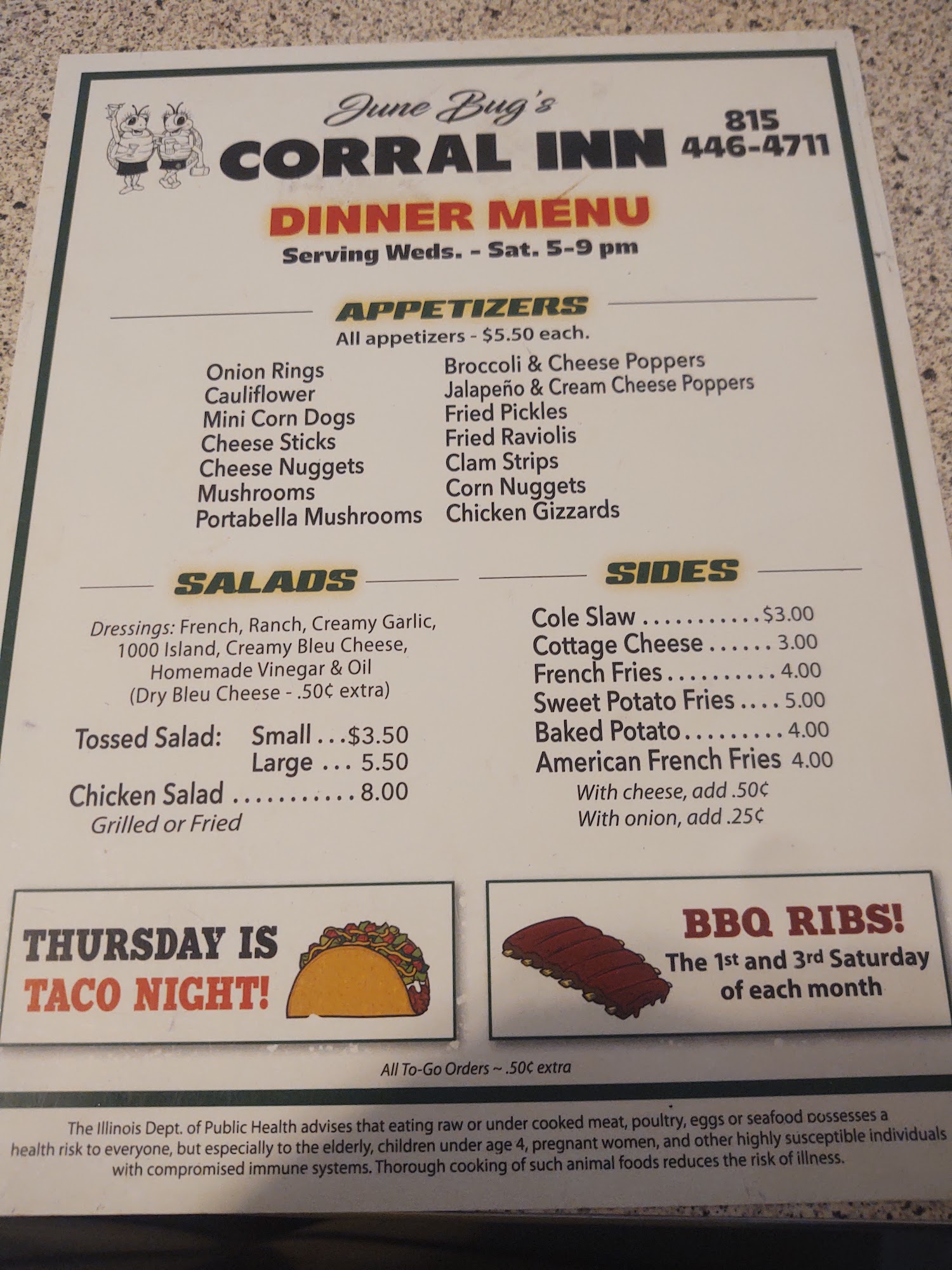Corral Inn Tavern Menu