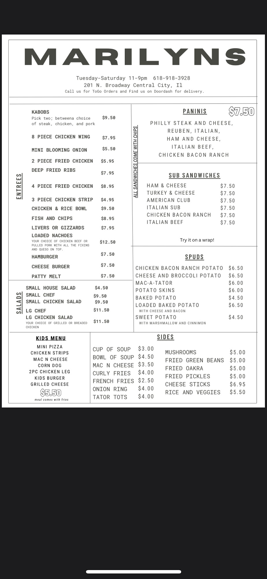 Marilyn's Restaurant Menu
