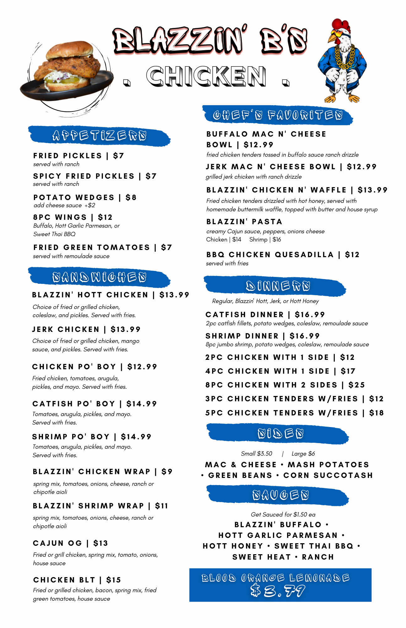 Blazzin B's Chicken Menu