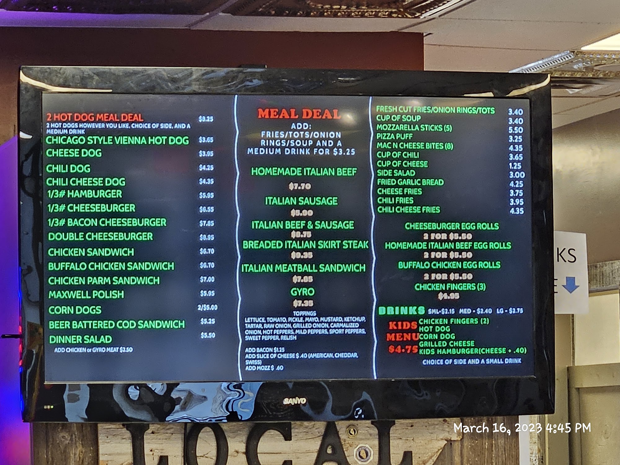 Sarges Beef and Gaming Menu