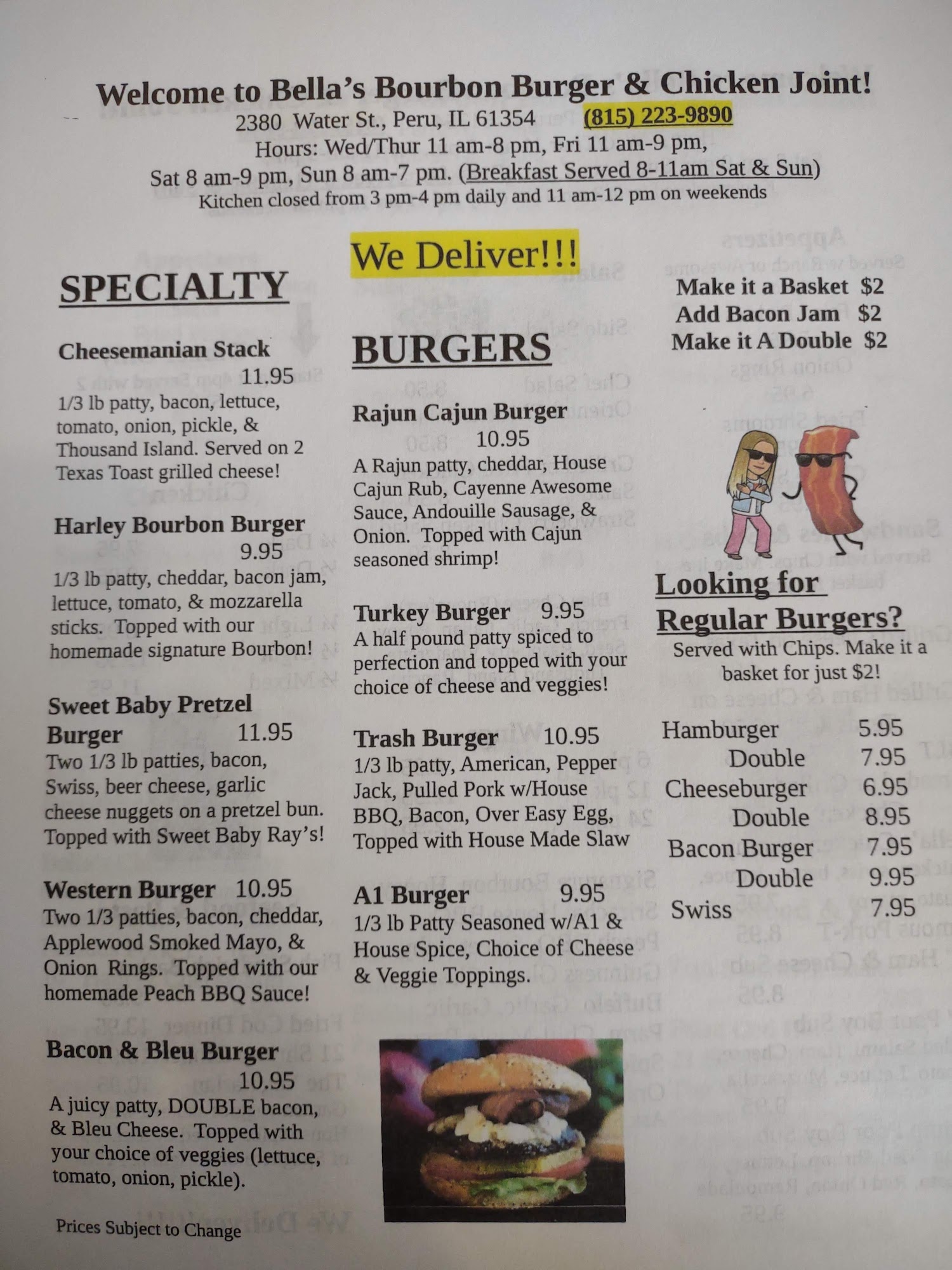 Bella's Bourbon Burger & Chicken Joint Menu