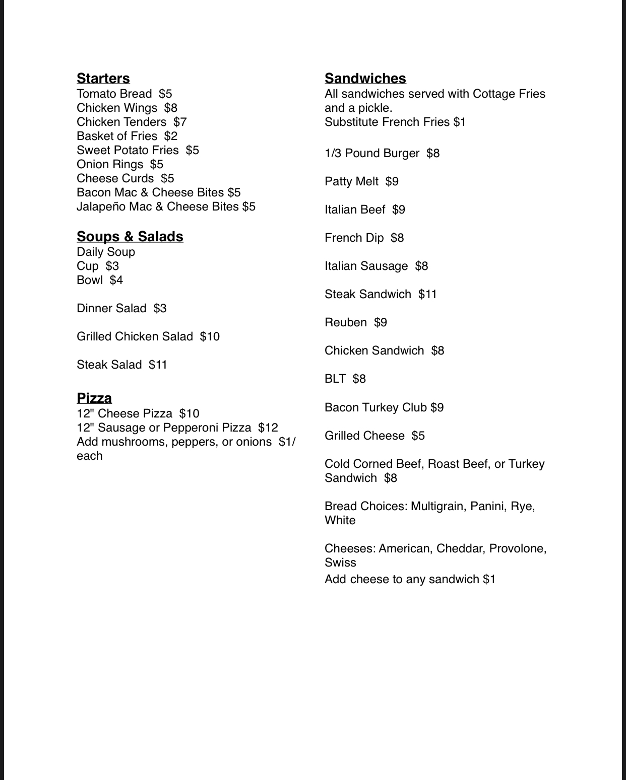 The Cottage Bar & Grill Menu