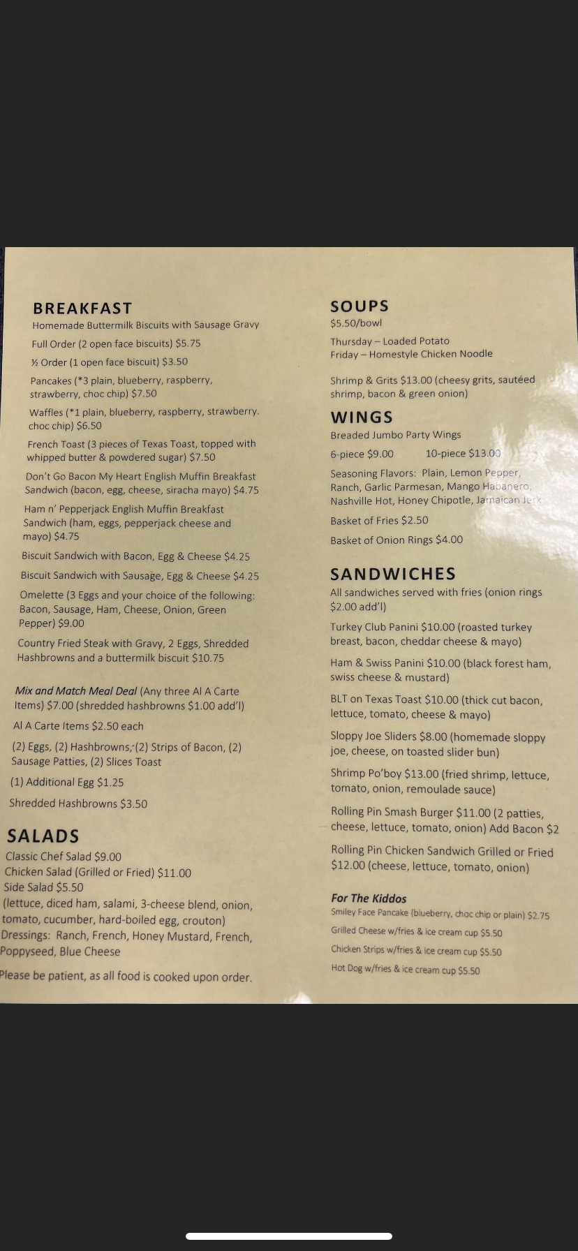 The Rolling Pin Bakery and Cafe Menu