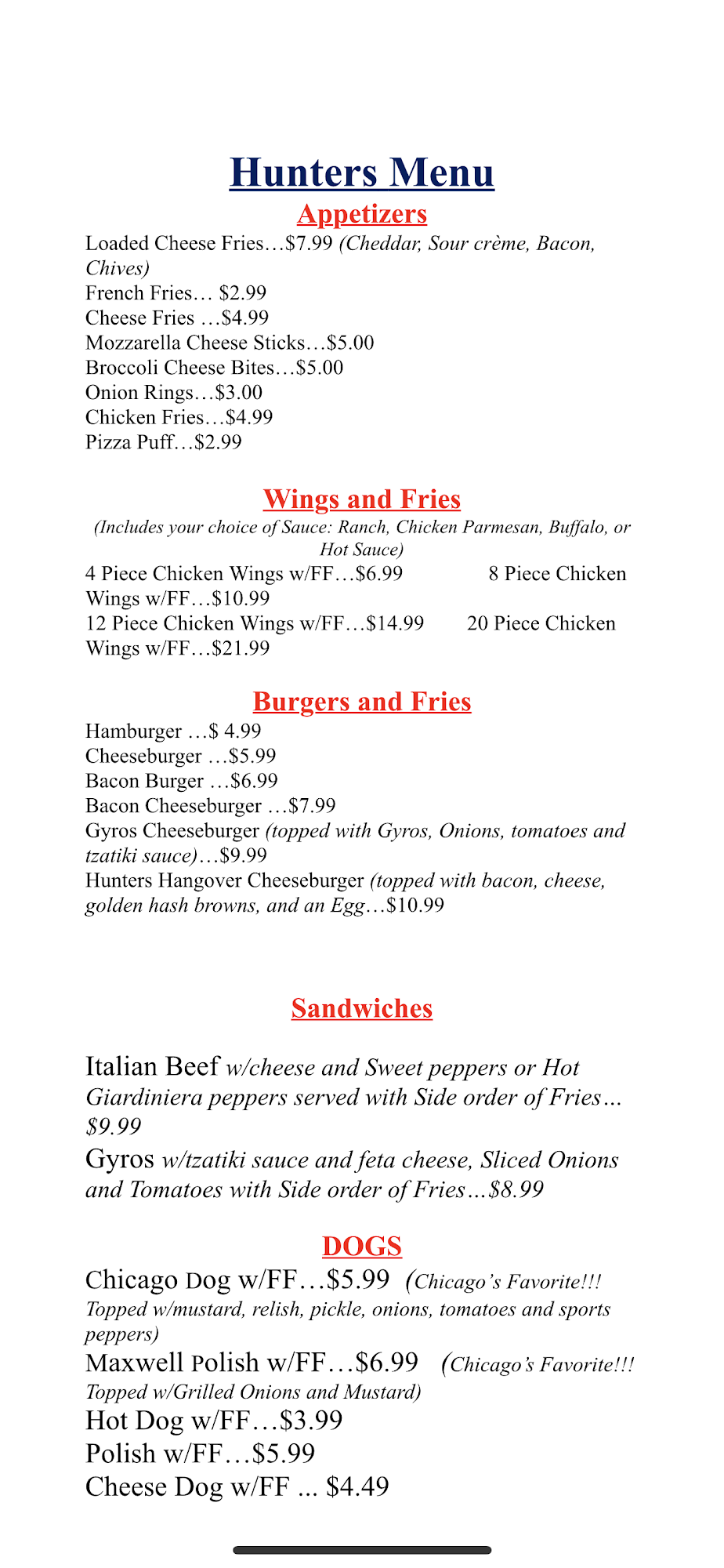 Hunters Inn Menu