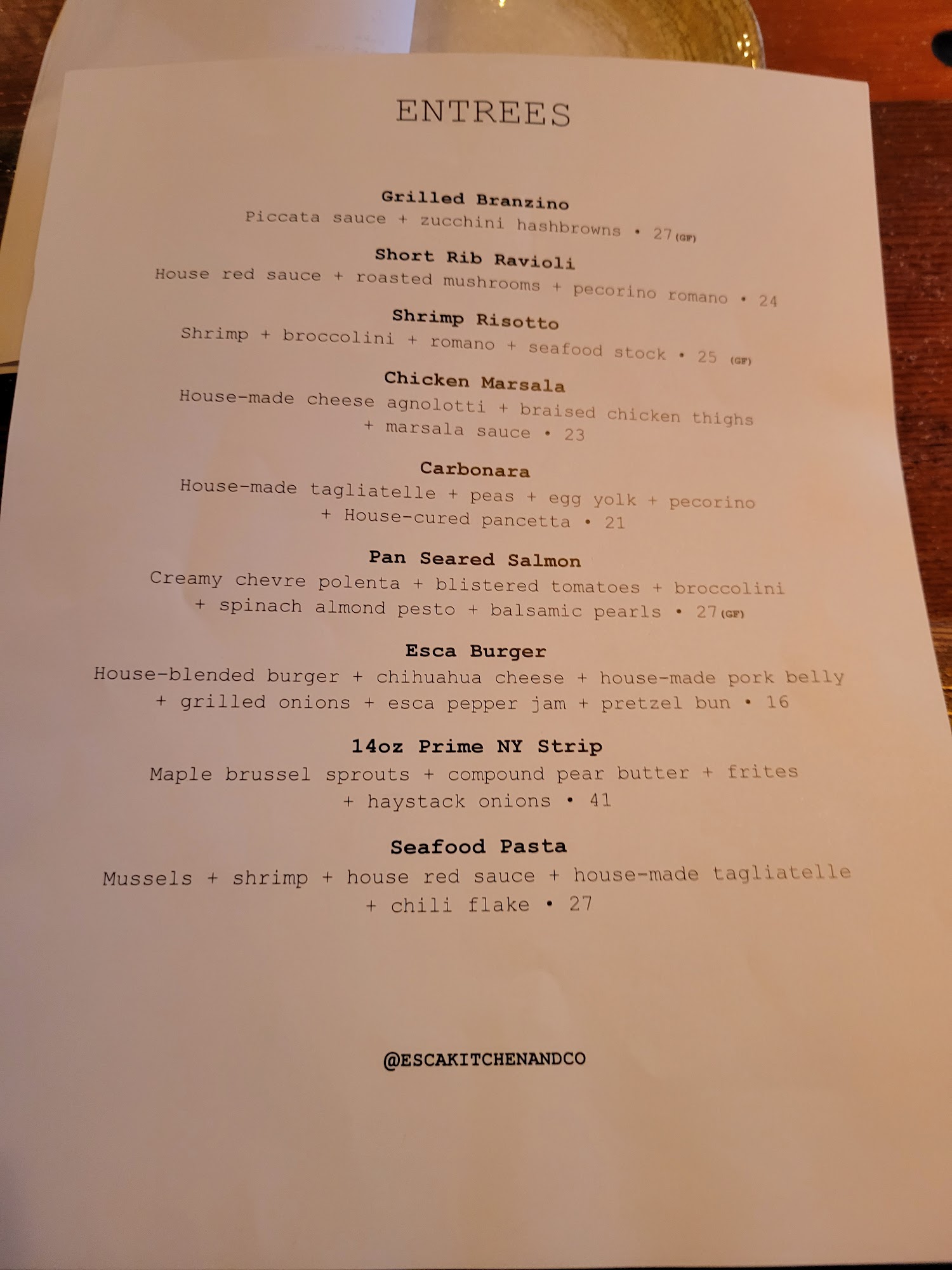 Esca Kitchen & Company Menu