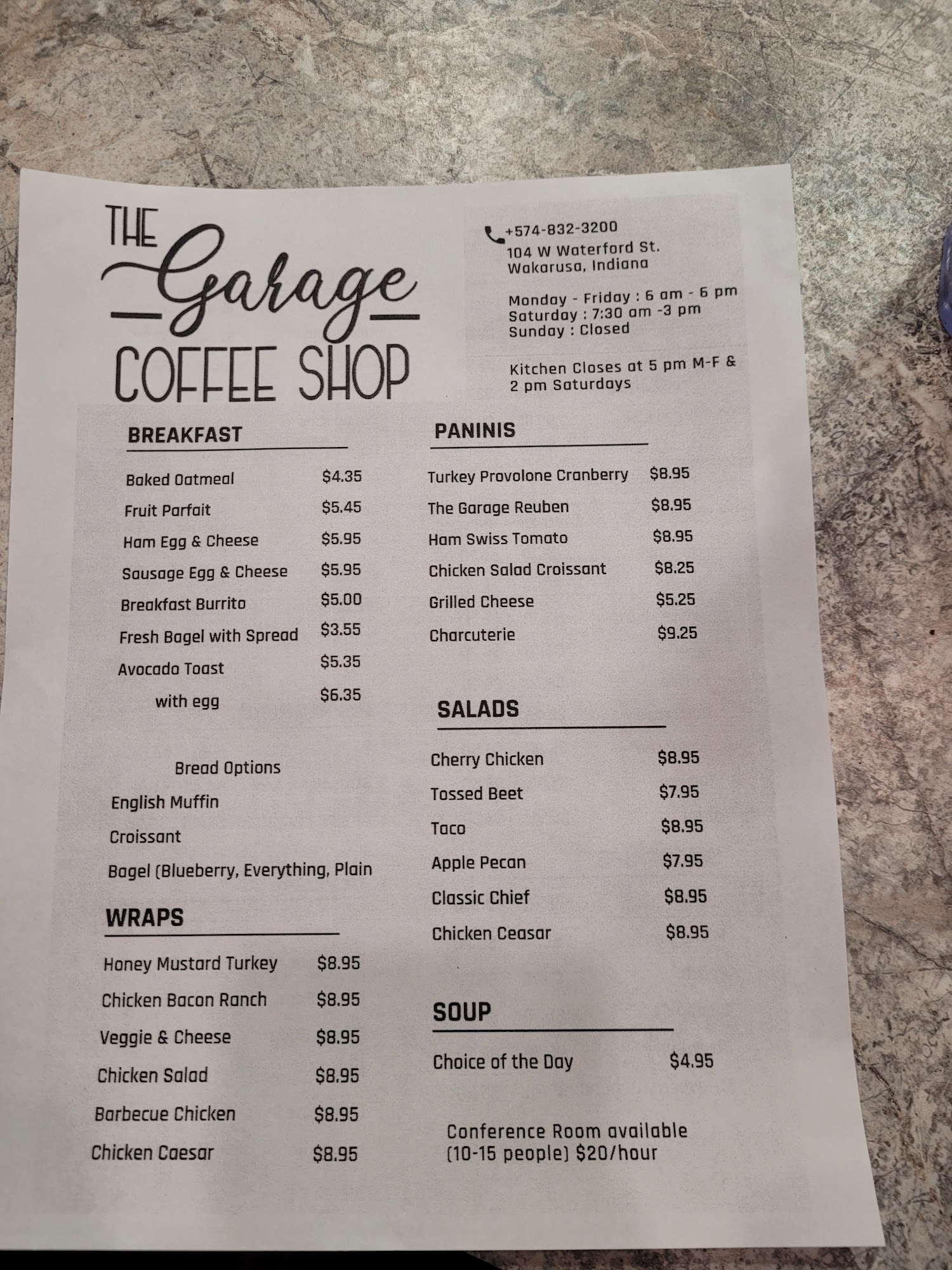 The Garage Coffee Shop Menu