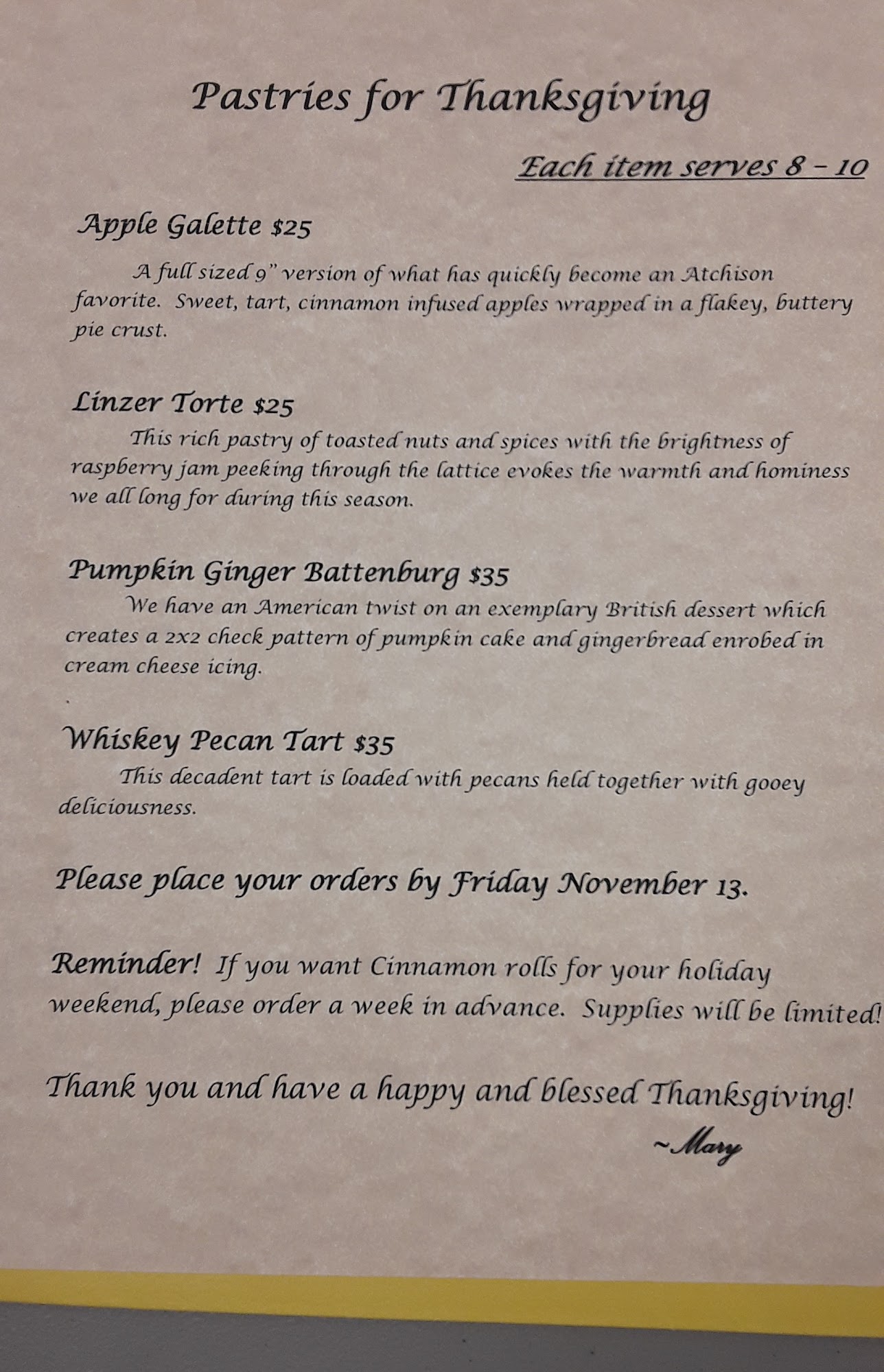 Domenique’s Bakery Menu