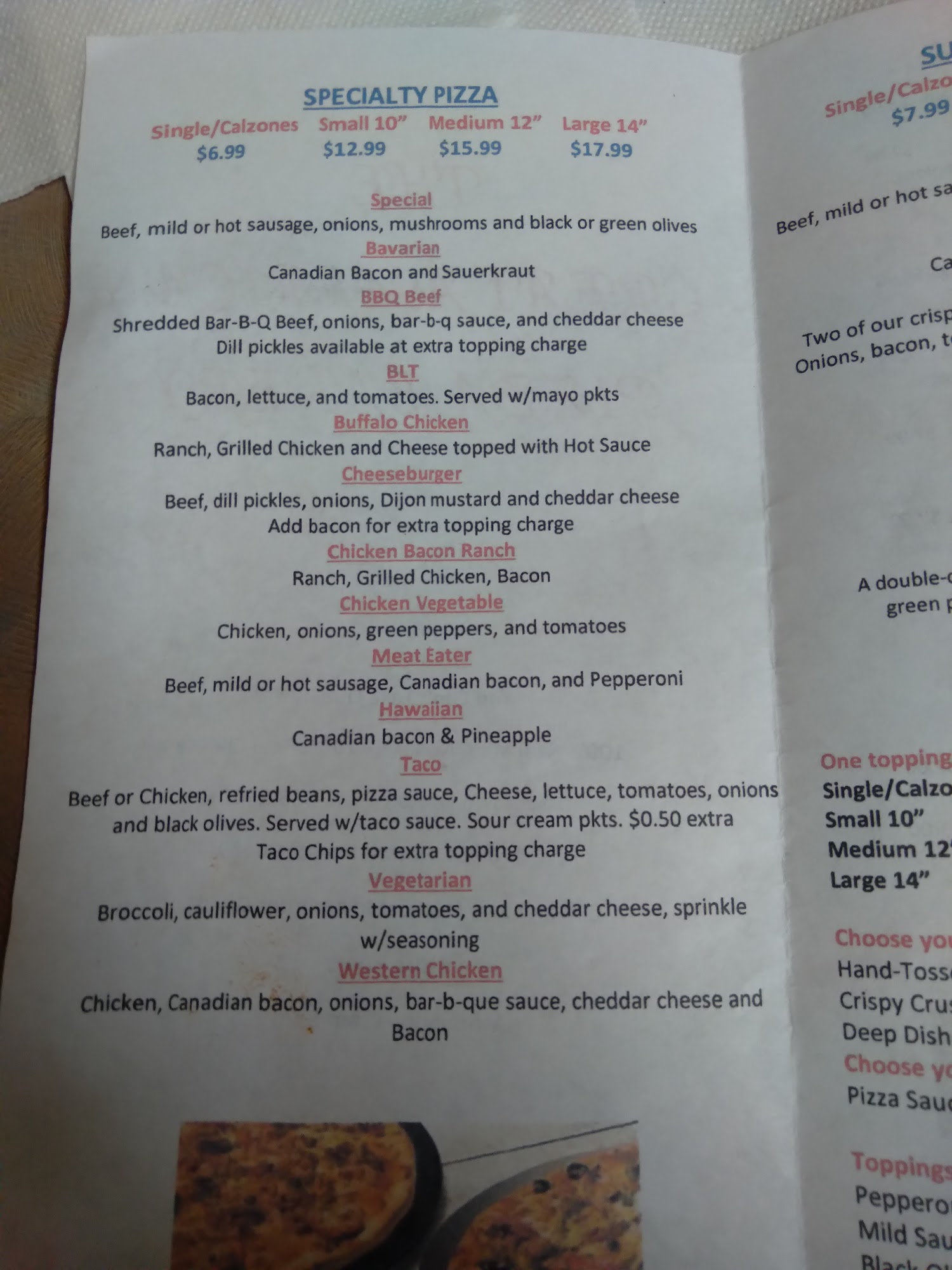 The Pizza Bakery Menu