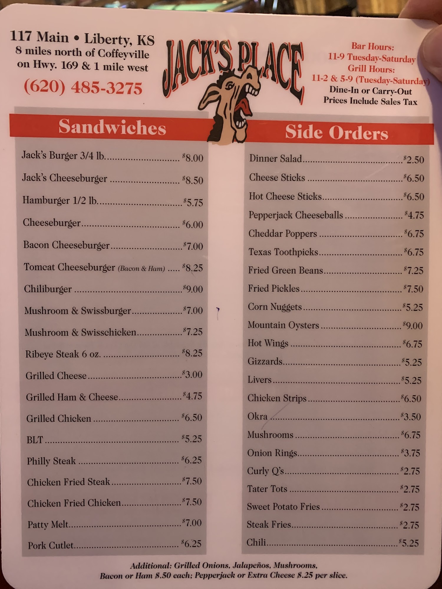 Jack's Place Menu