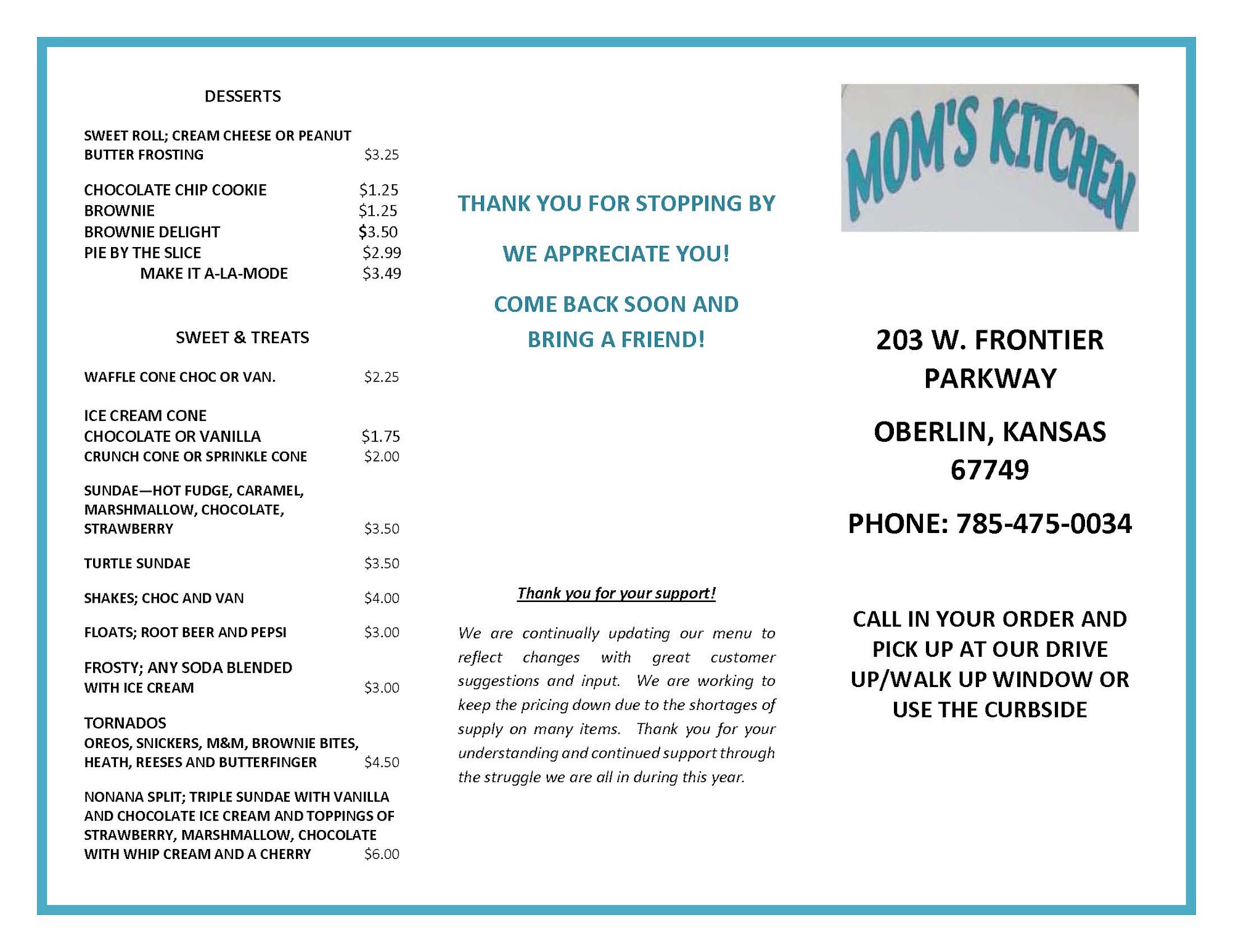 Mom's Kitchen Menu
