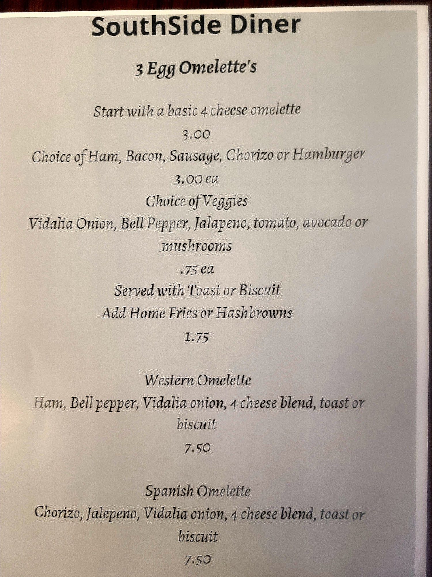 SouthSide Diner Menu