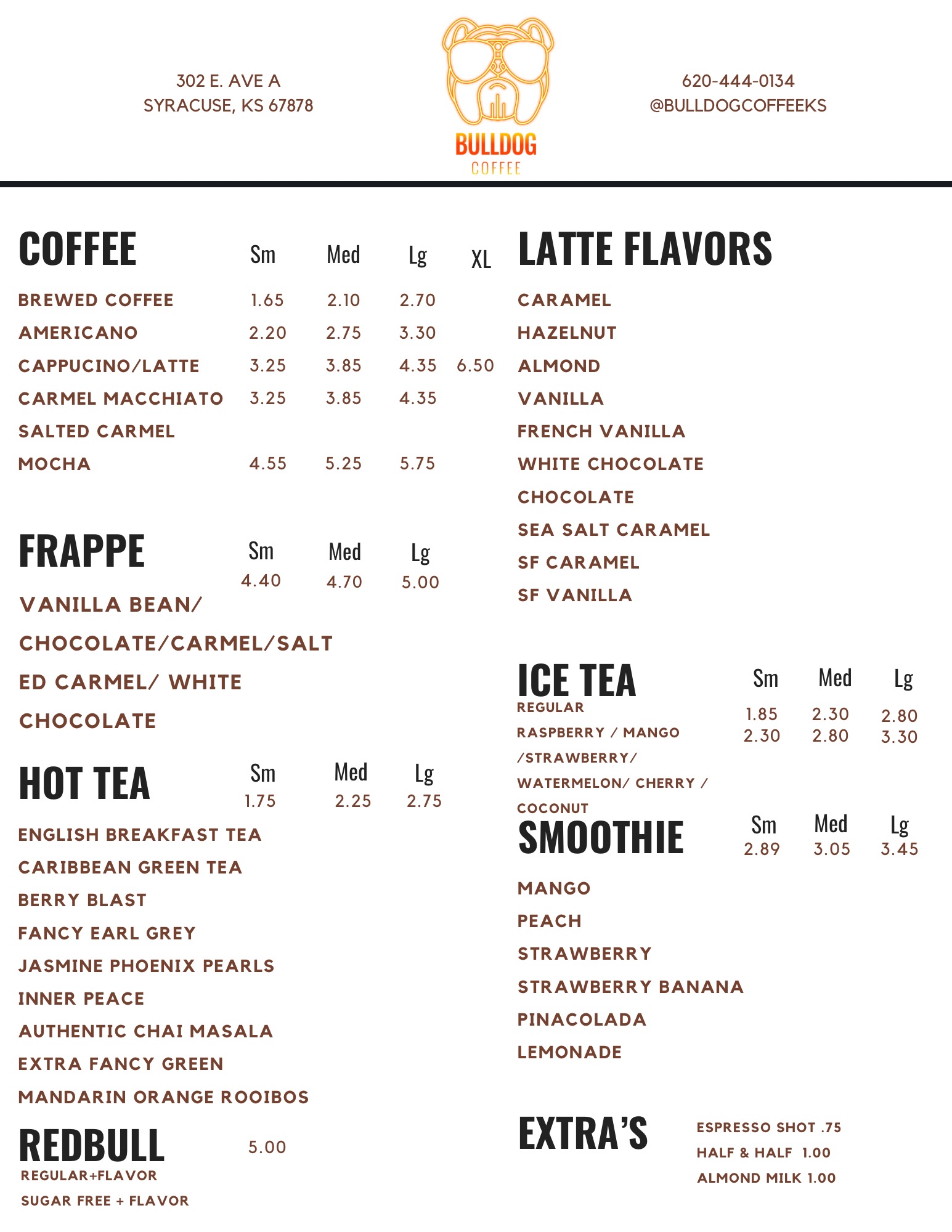 Bulldog Coffee Menu