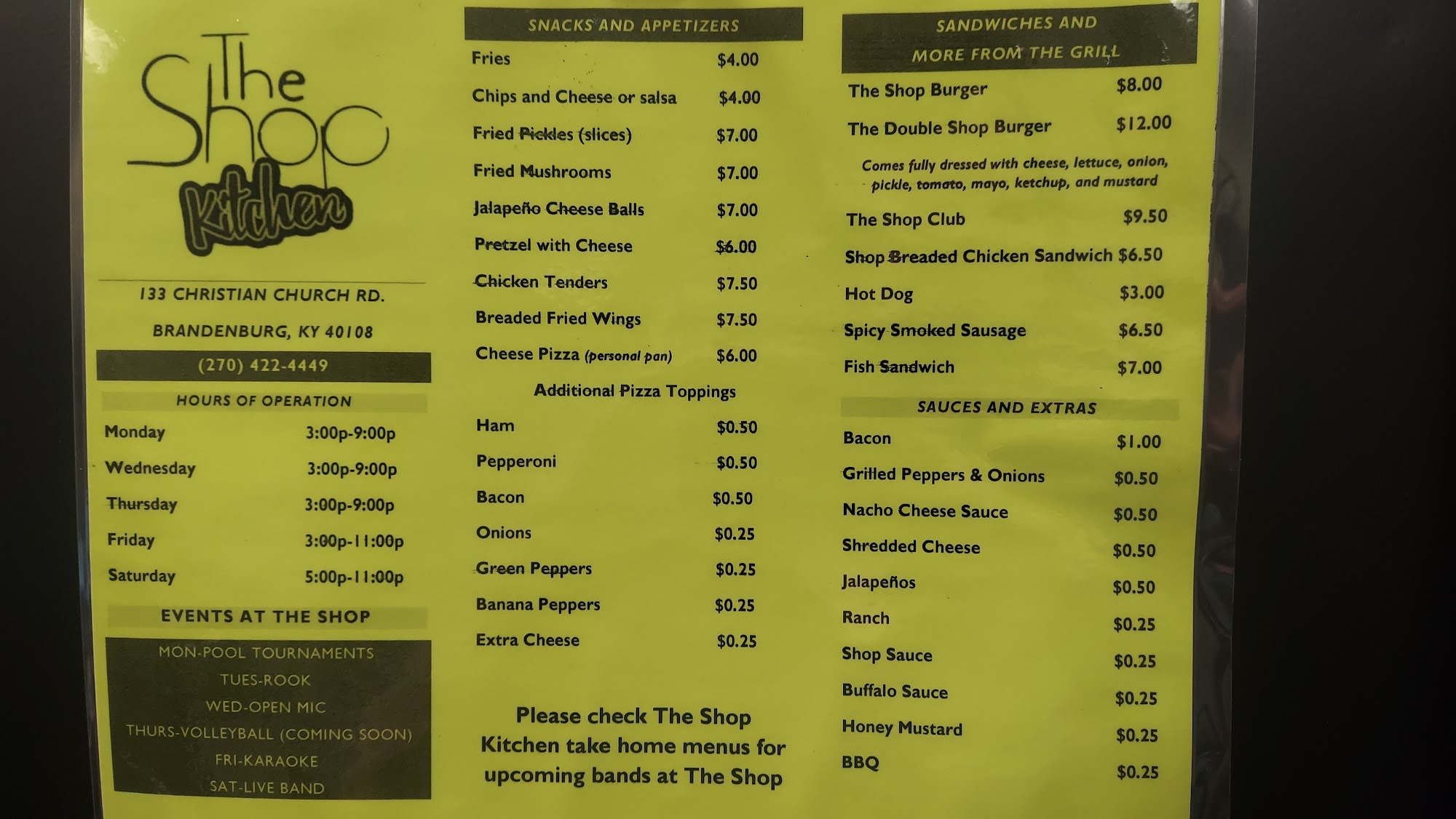 The Shop Bar Menu