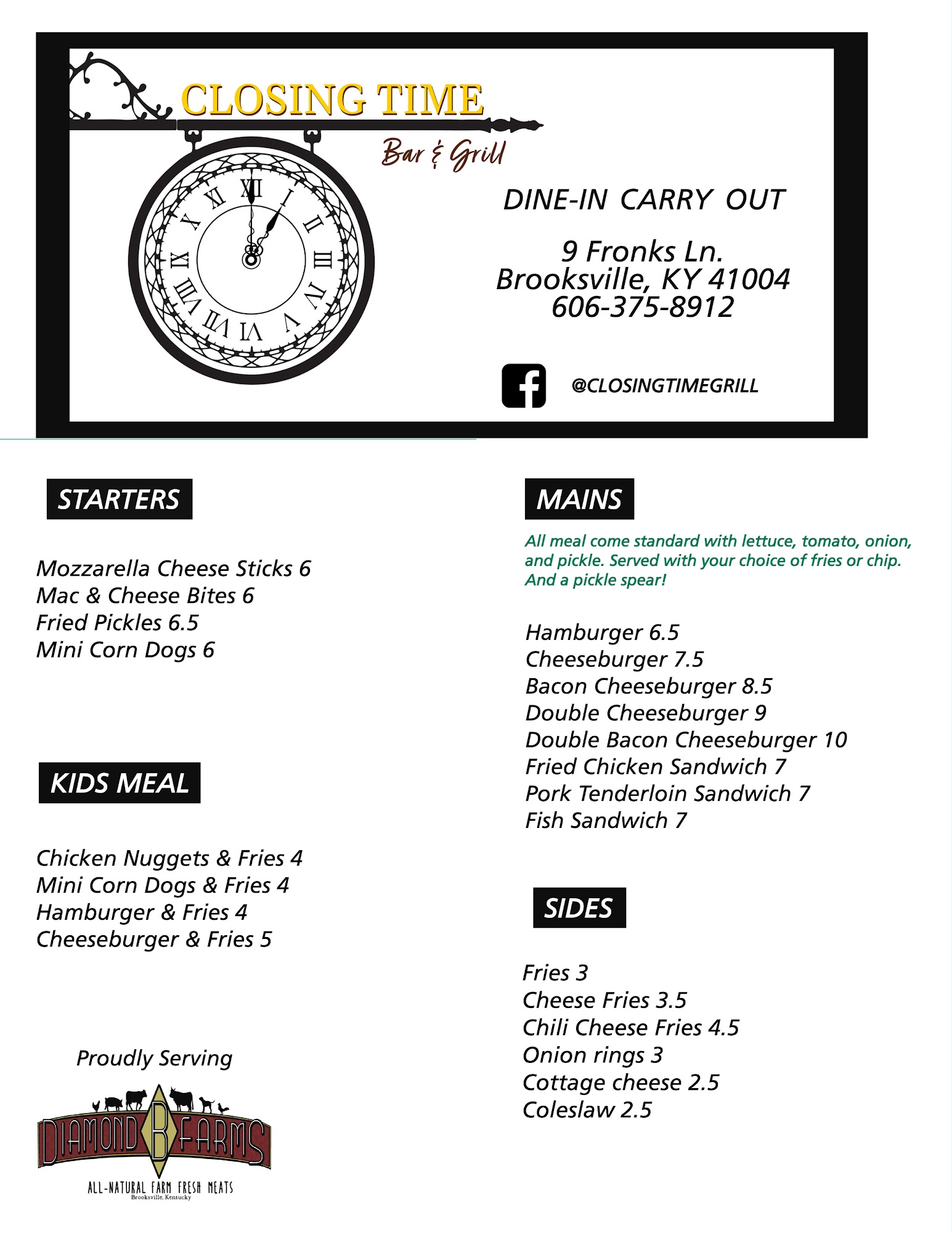 Closing Time Bar & Grill Menu