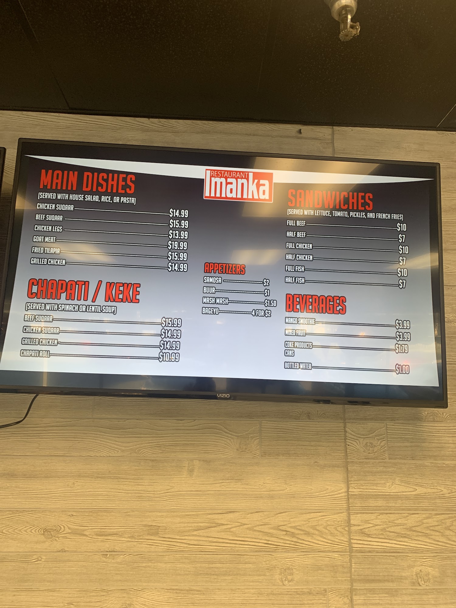 Imanka 2 Somali Restuarant Menu