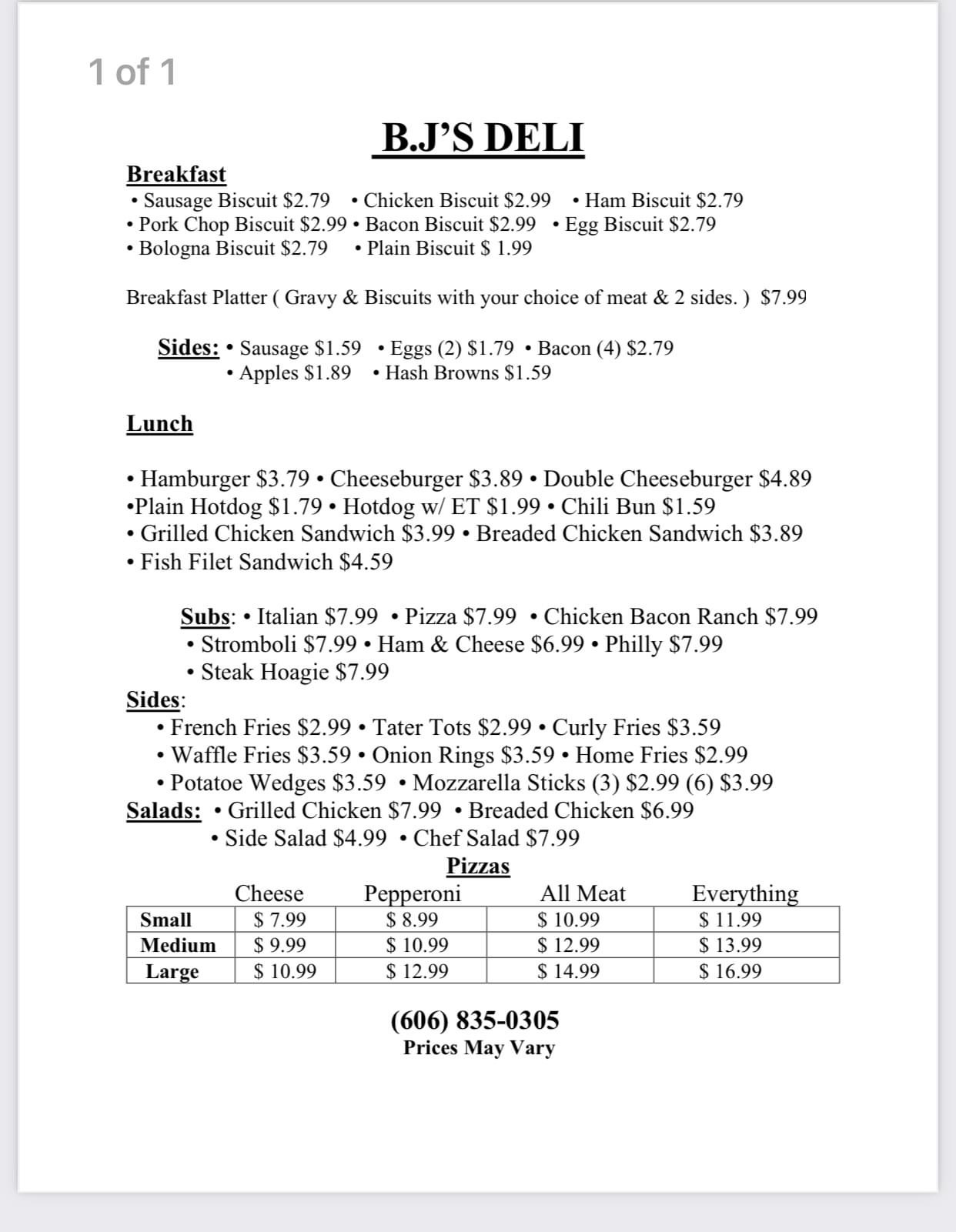 B.J’s Deli Menu