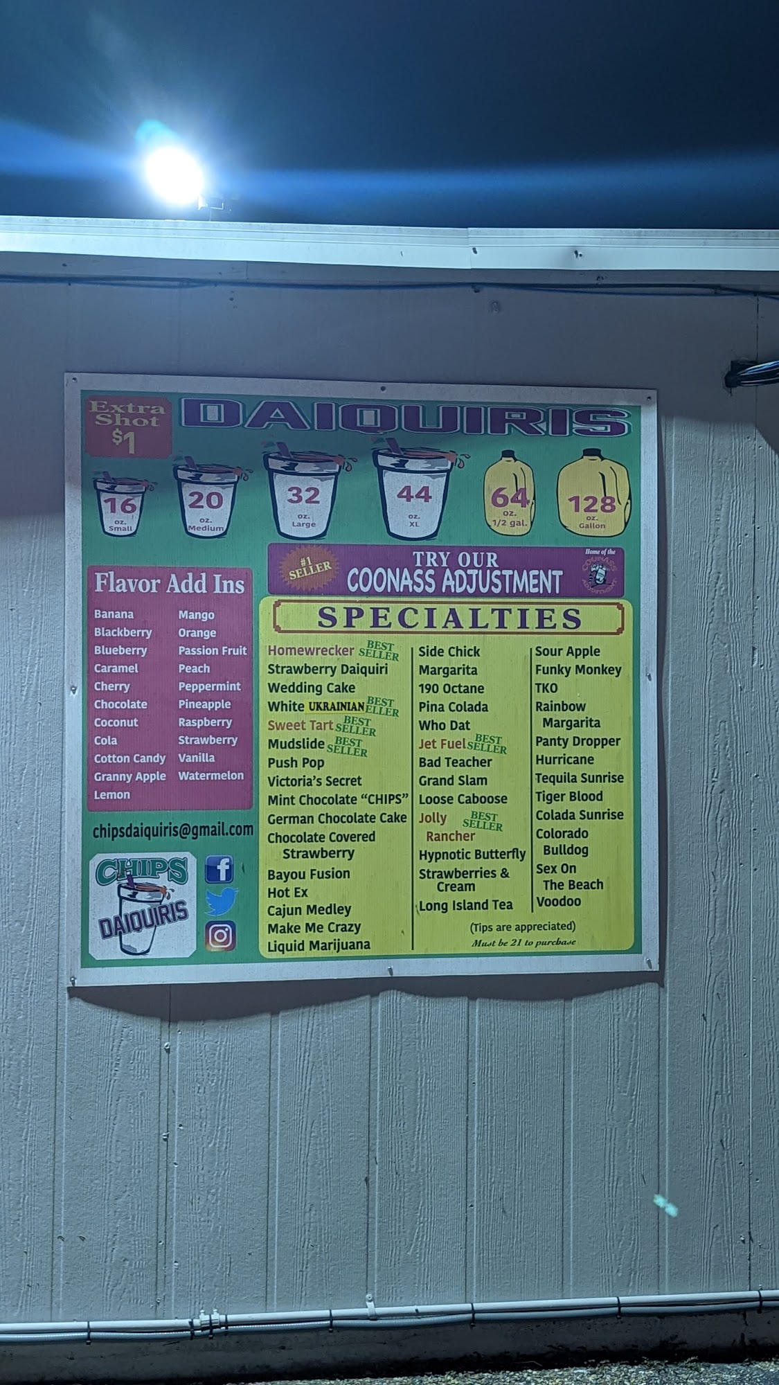 Chip’s daiquiris Menu