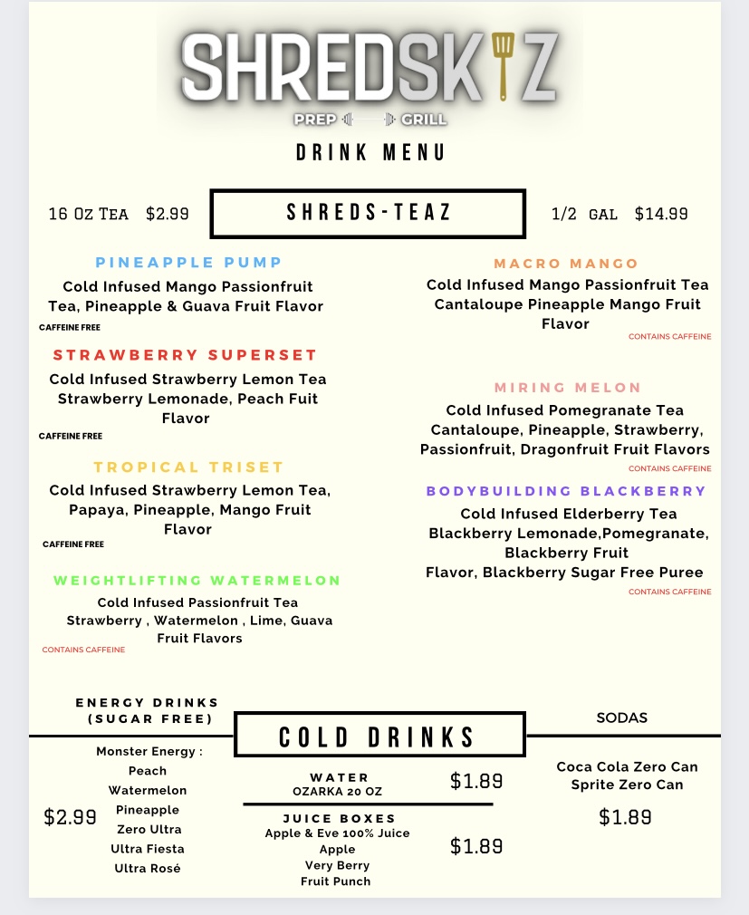 SHREDSKIZ Preps & Grill Menu