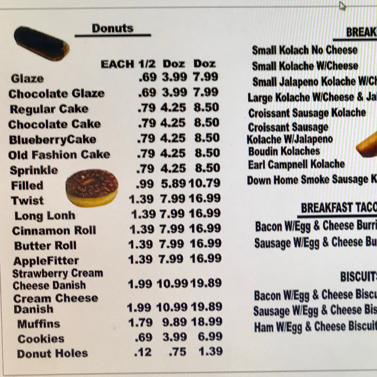 Dear hometown donuts Menu