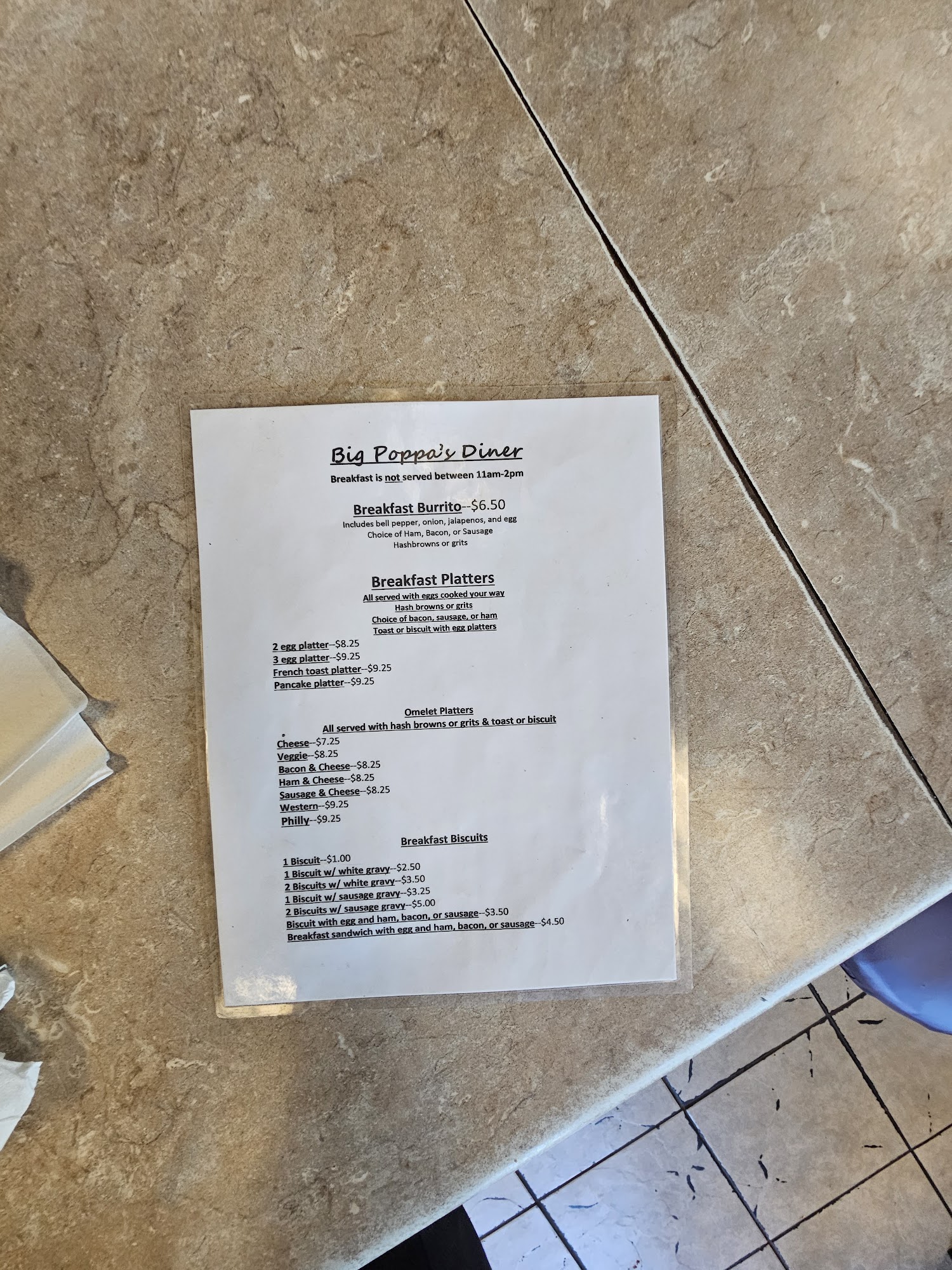 Big Poppa's Diner Menu