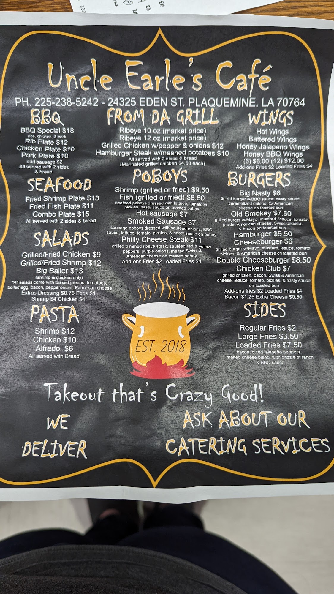 Uncle Earle's Cafe Menu