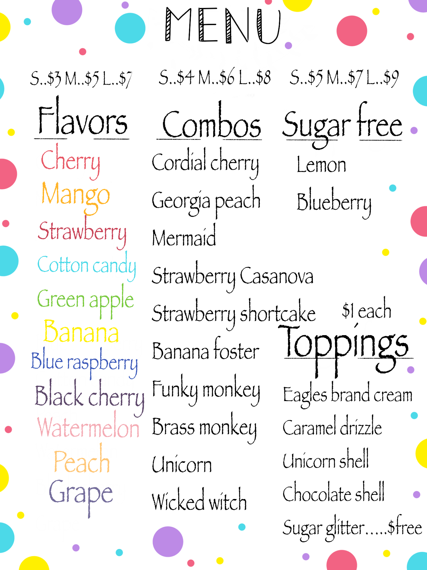 Sophies Italian Ice Menu