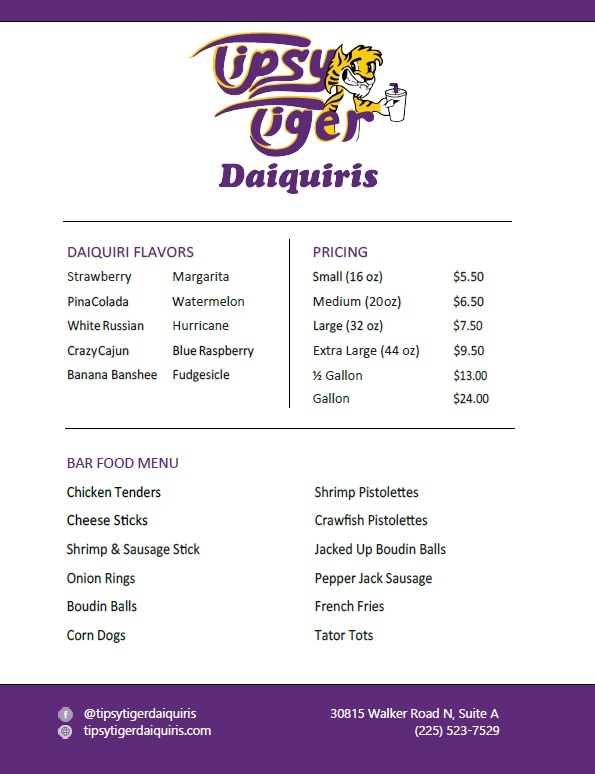 Tipsy Tiger Daiquiris Menu