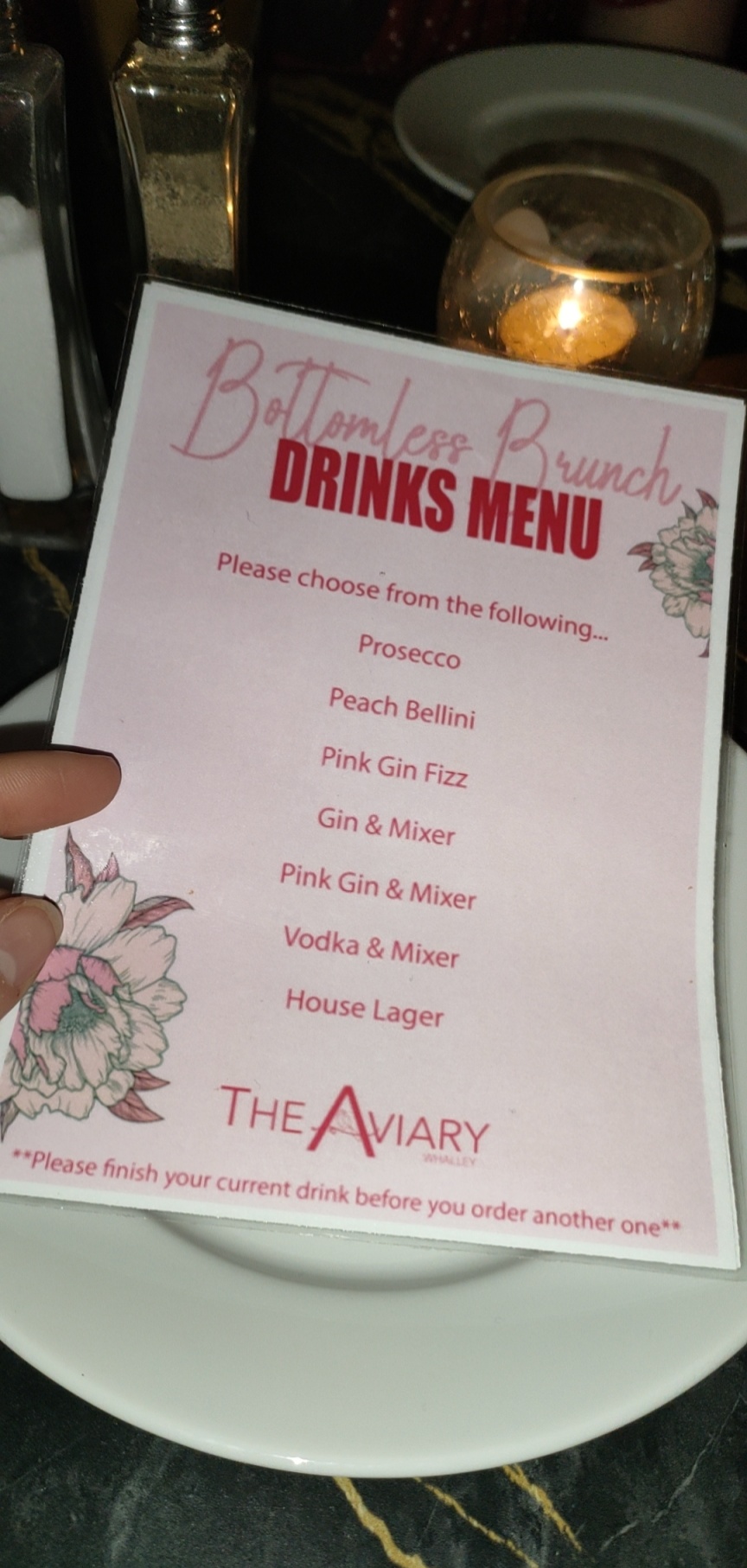 The Aviary, Whalley Menu