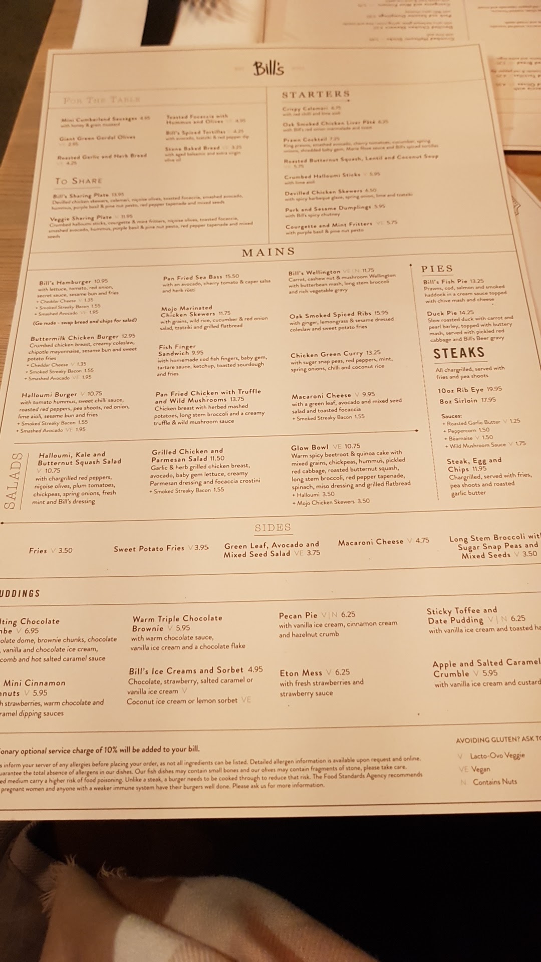 Bill's Leicester Restaurant Menu
