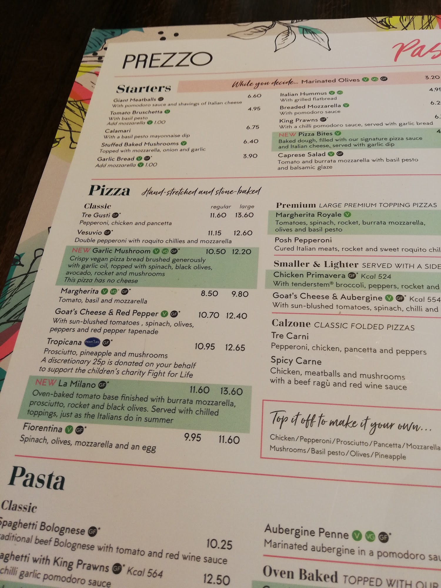 Prezzo Italian Restaurant Gainsborough Menu