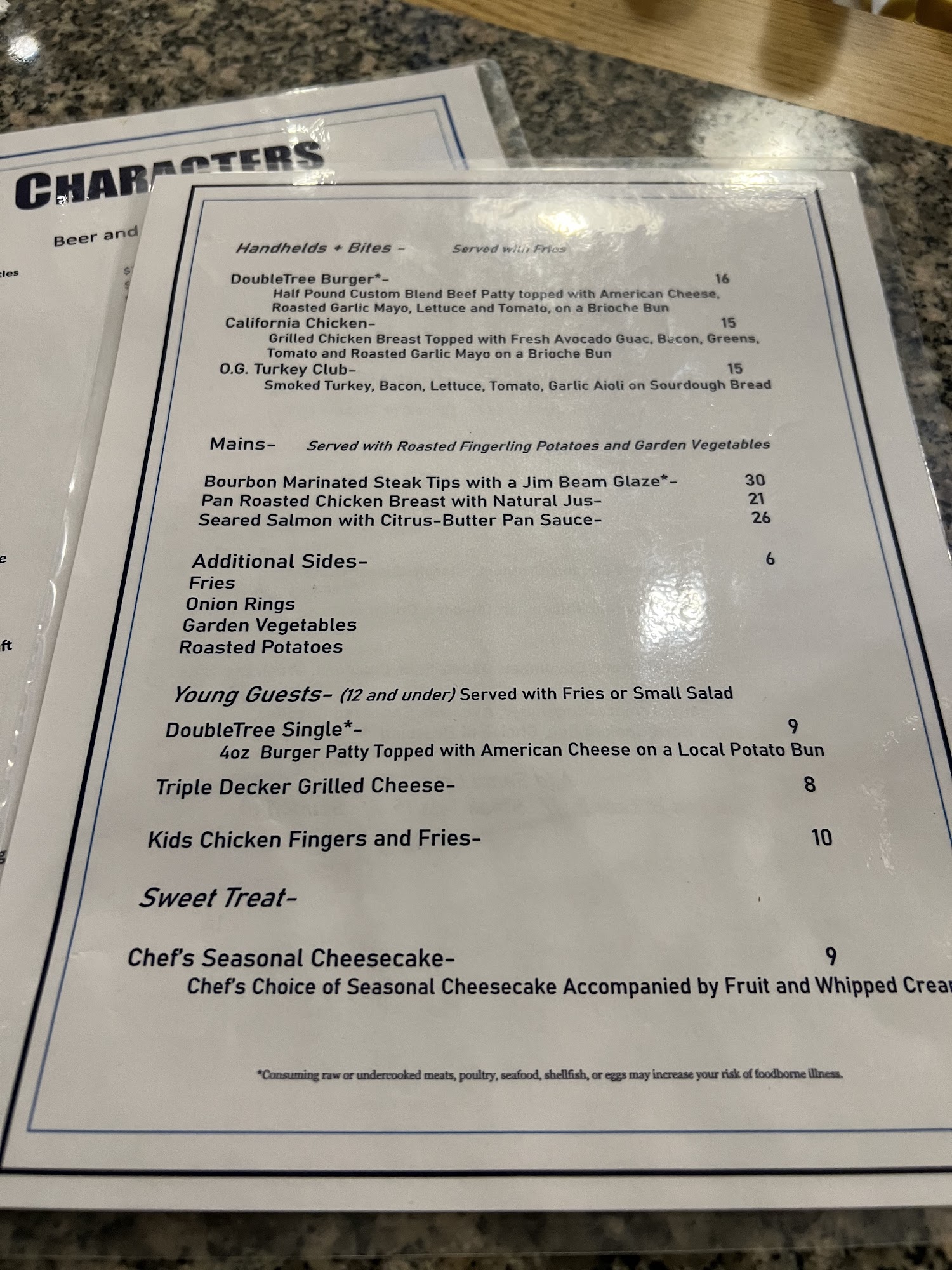 Characters Bar & Grill Menu