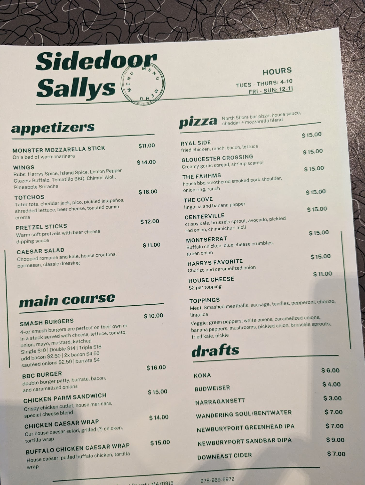 Sidedoor Sallys Menu