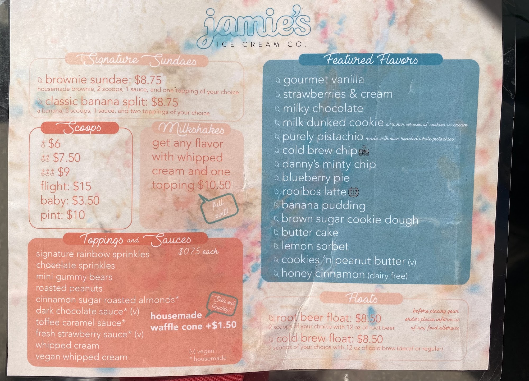 Jamie's Ice Cream Co. Menu