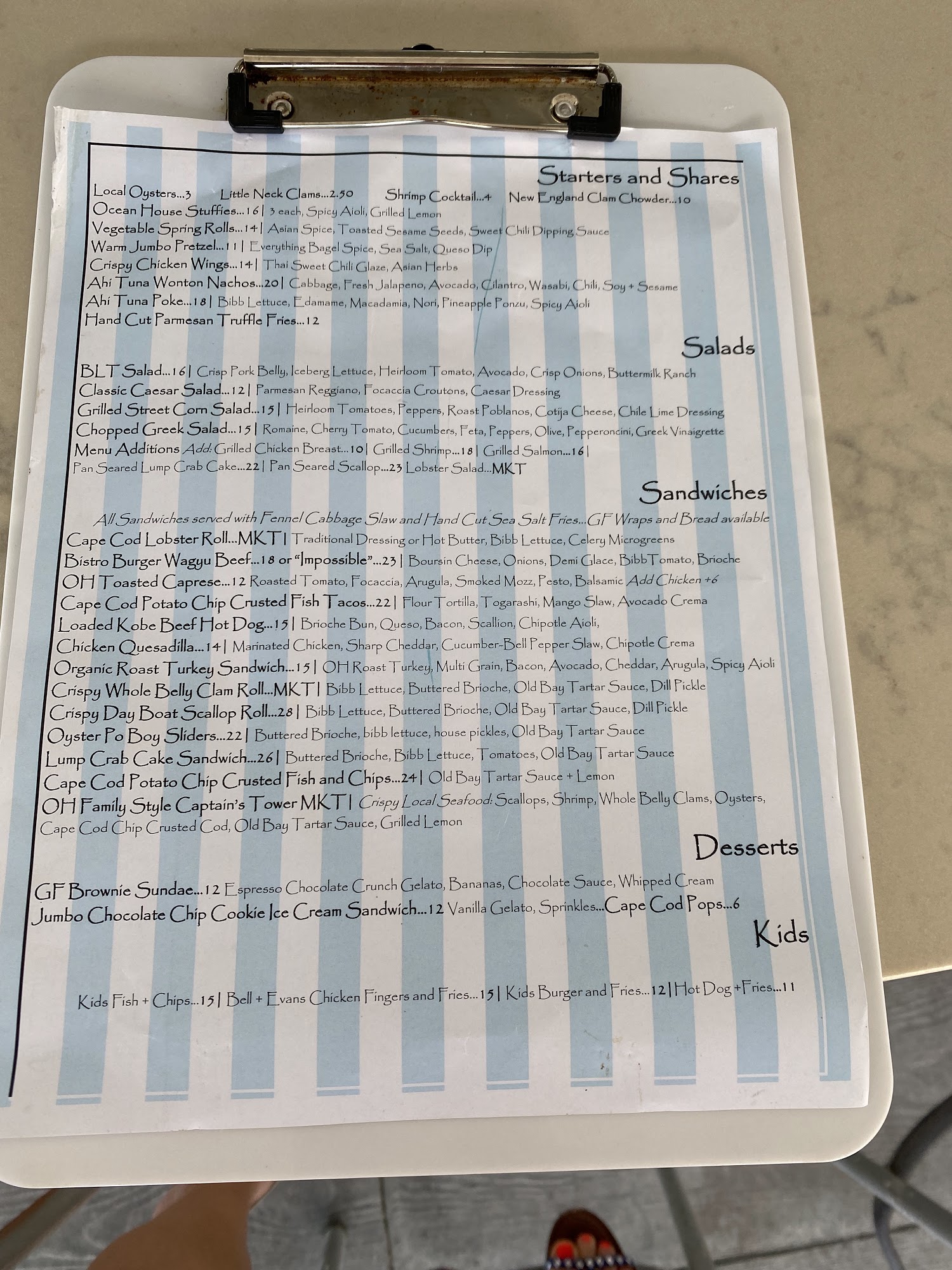 Ocean House Beach Bar Menu